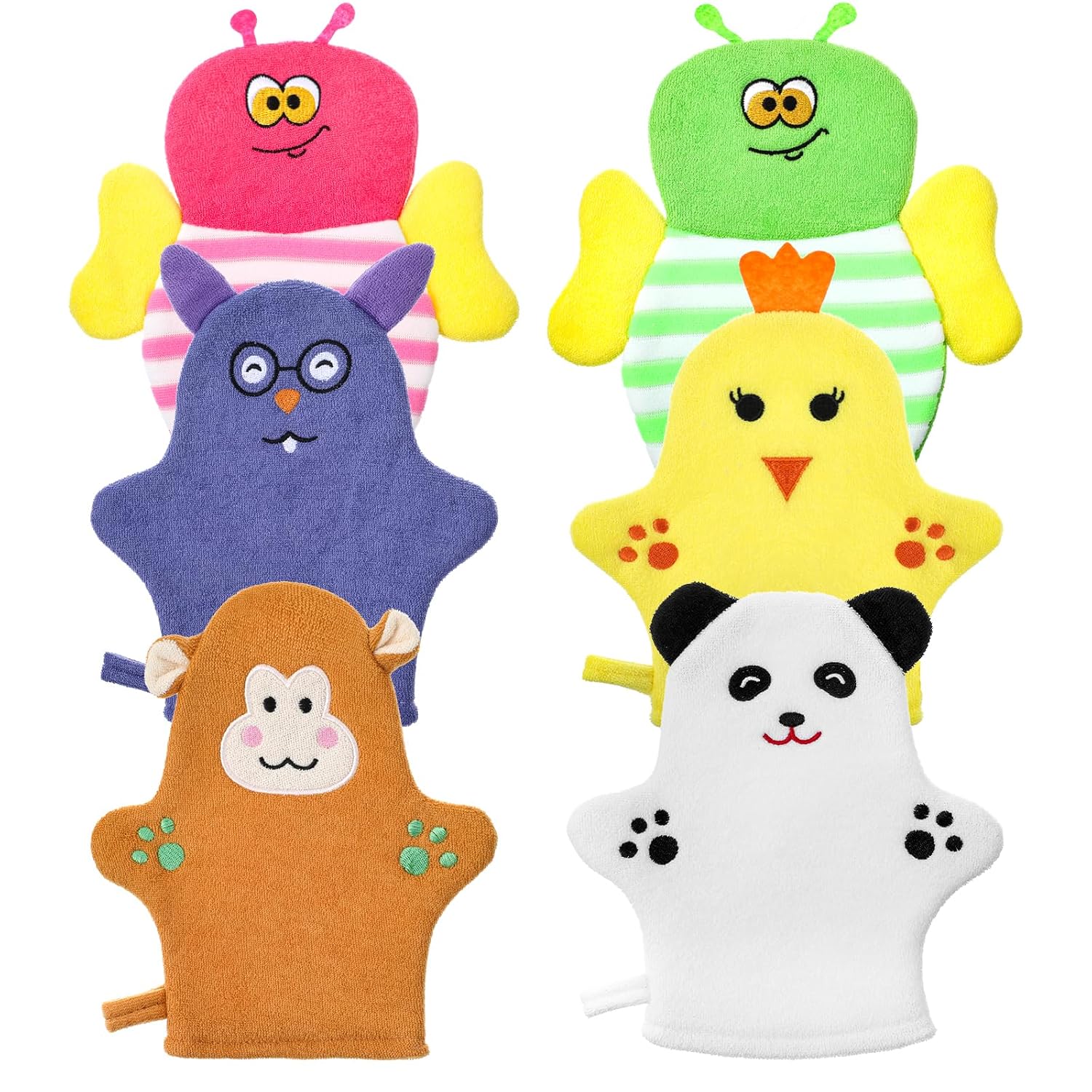 Sibba 6 Pcs Baby Bath Mitt Washcloths Gloves, Gentle Cute Exfoliating Wash Mitt Animal Pattern, Baby Mittens Bath Towel Glove Soft Scrub Toddler Wash Cloths Body Scrubber Bathing Loofah Infant Gloves
