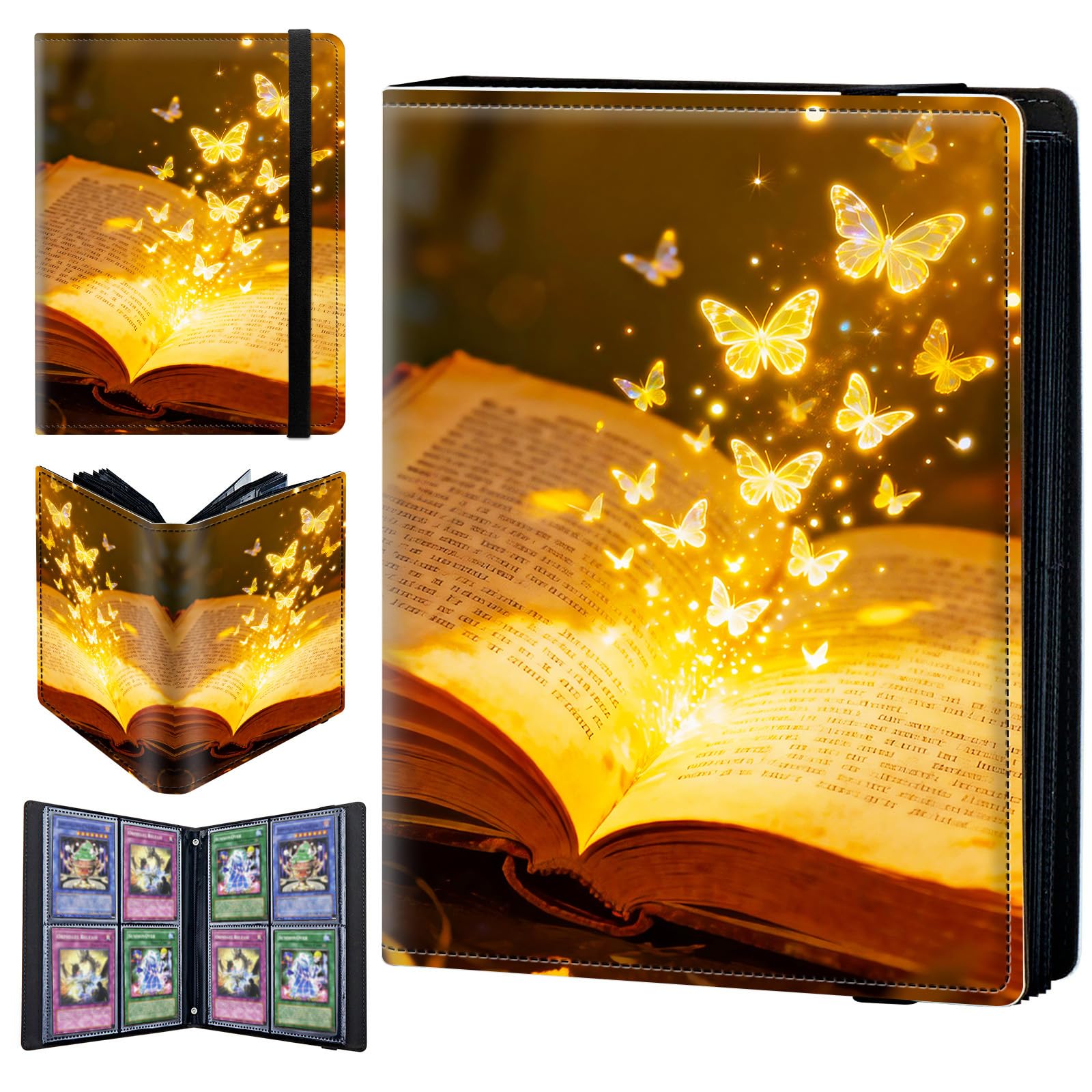 4 Pocket Trading Card Binder 400 Side Loading Pocket Album with Book and Golden Butterflies Pattern Design Card Binder for Sports Cards & Game Cards
