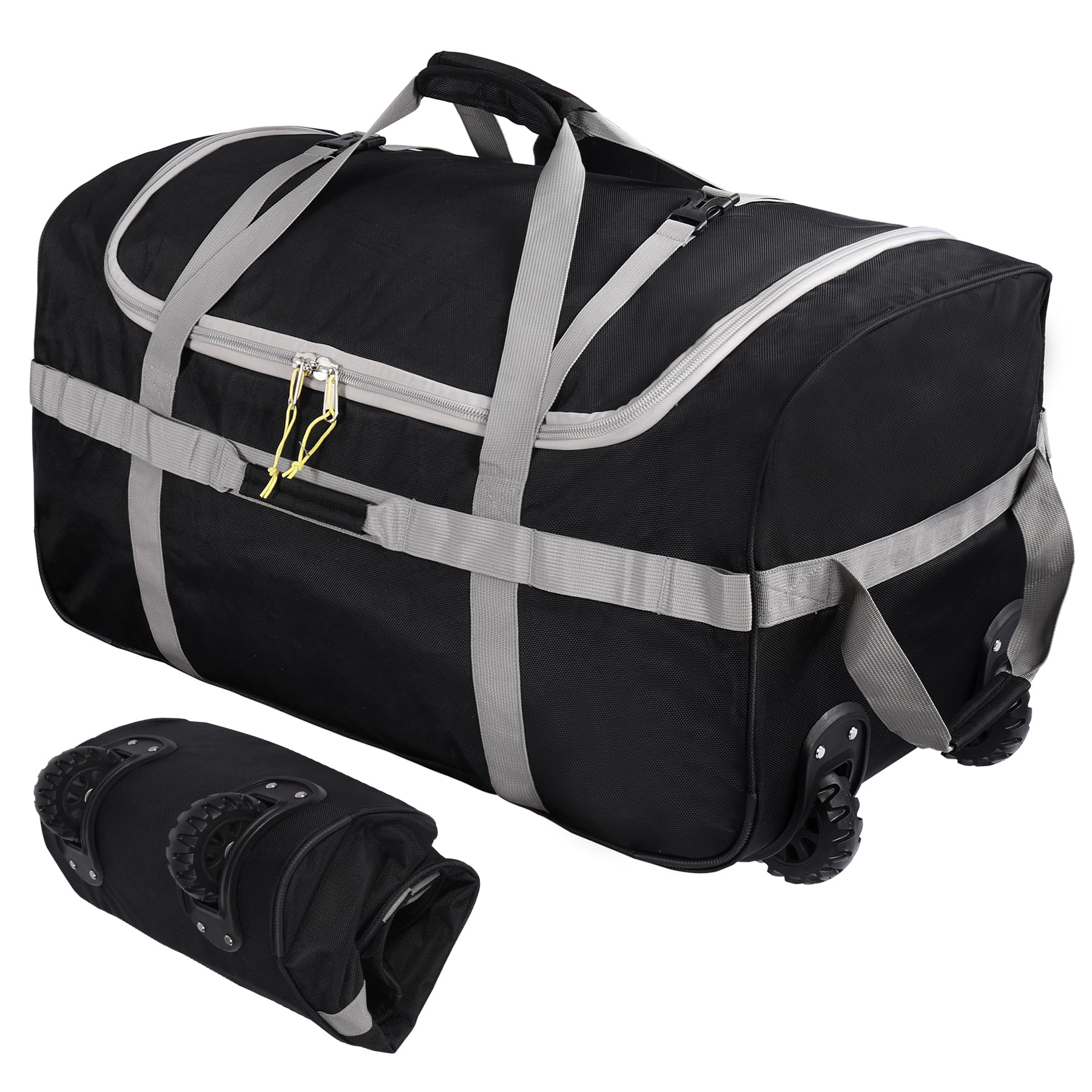 120L Große Reisetasche mit Rollen, Faltbare Sporttasche für Reise Camping Ausrüstung, vielseitiger Travel Bag zum Tragen und Ziehen, Schwarz