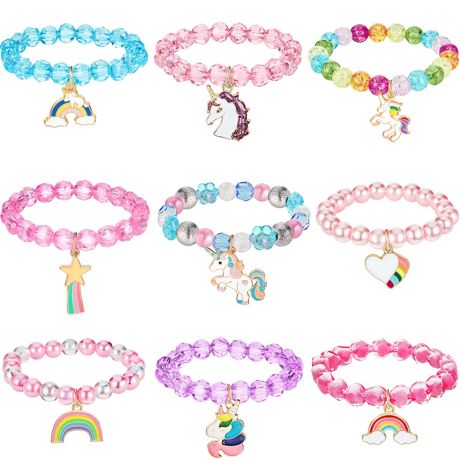 9 Pulseras Unicornio Colorido Pulseras de Unicornio de Niñas Pulsera con Cuentas de Unicornio Arcoiris para Favores de Fiesta Cumpleaños (Estilo Fresco)