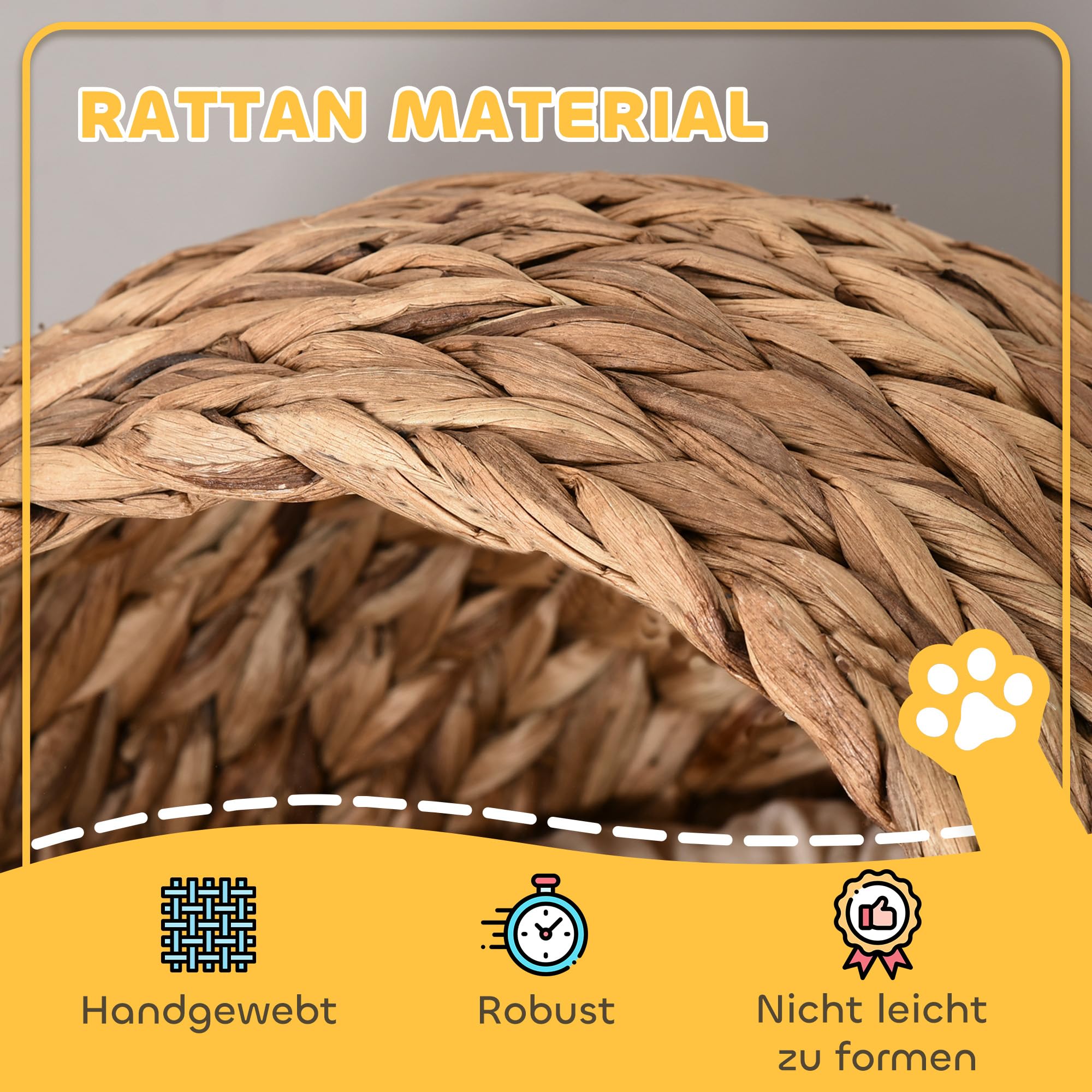 PawHut Rattan Katzenkorb Katzenhöhle Katzenhütte Katzenbett mit Kissen Haustierbett Wasserhyazinthe Braun 50 x 42 x 60 cm
