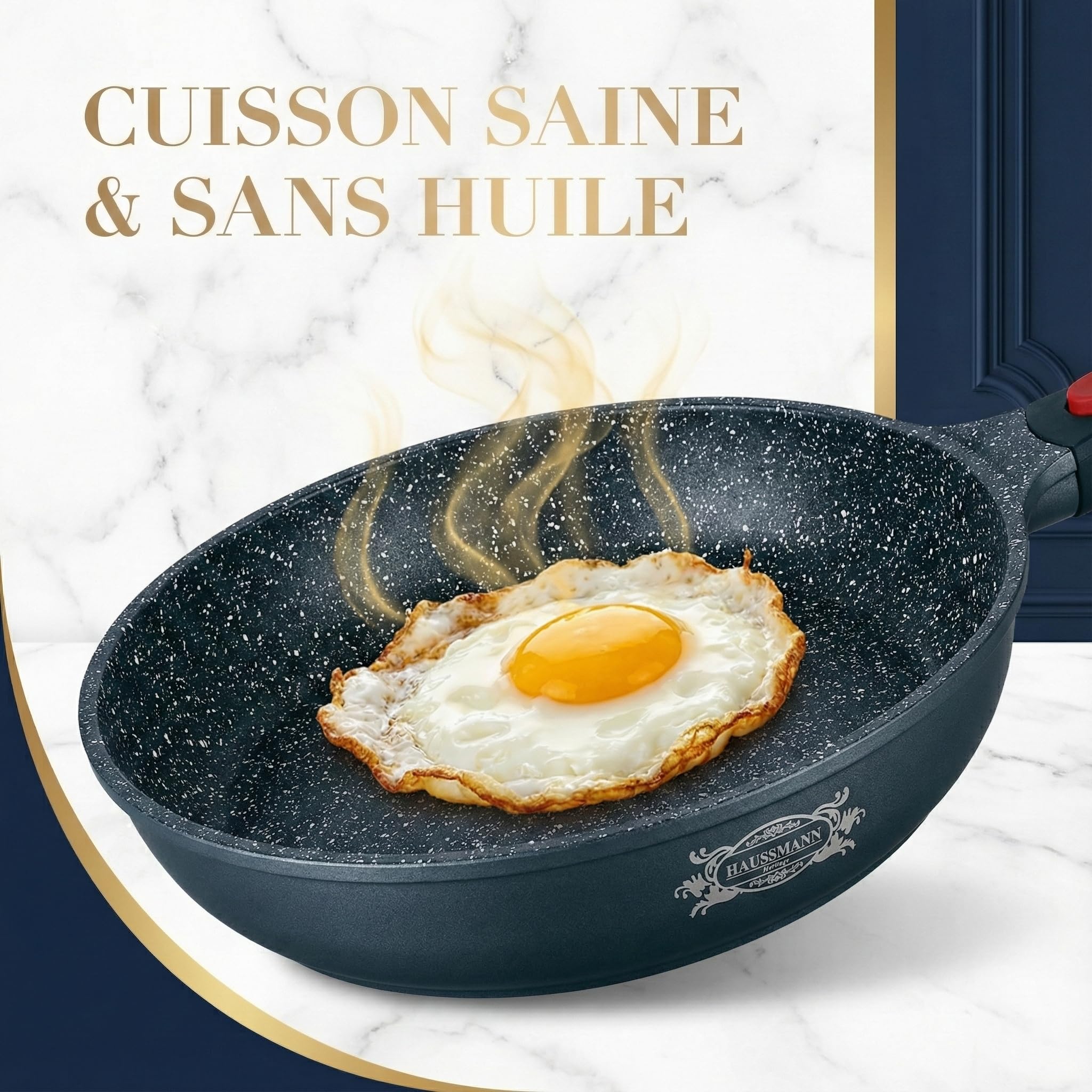 HAUSSMANN Heritage Batterie de Cuisine 22 Pièces en Fonte d'Aluminium-Revêtement Antiadhésif Façon Pierre - Manches Amovibles (Gain de Place) - Tous Feux dont Induction - Sans PFOA