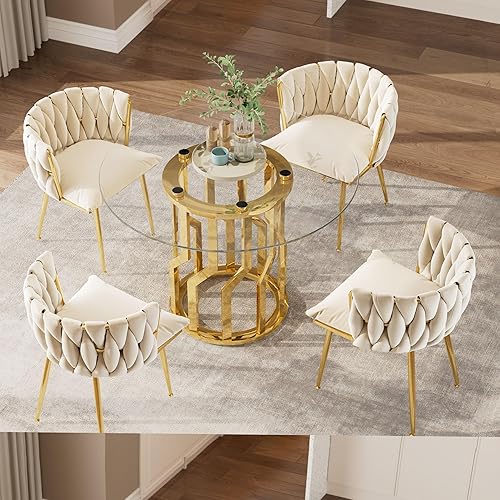 Miniatura 3 de Mesa de comedor redonda de vidrio de 39 pulgadas para 4: mesa de cocina circular de vidrio con patas de acero, mesa de comedor moderna para comedor,