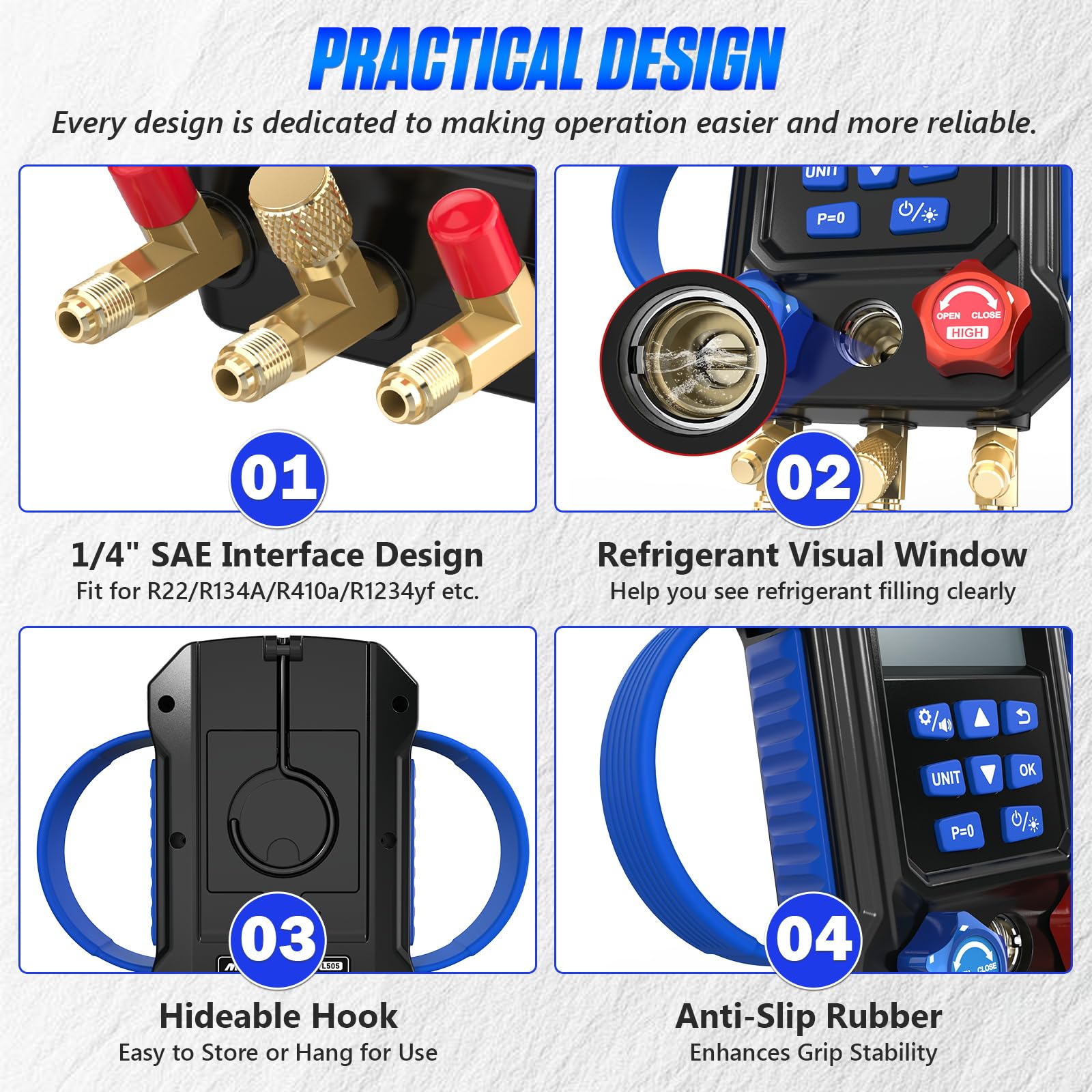 MRCARTOOL Digitales Manifold-Messgerät L505 für 95 Kältemittel R410A R1234yf R22 R32,Hochpräzise Evakuierung,Druck-,Temperaturprüfung,Kältemittelbefüllung und Lecktest für Klimaanlagen