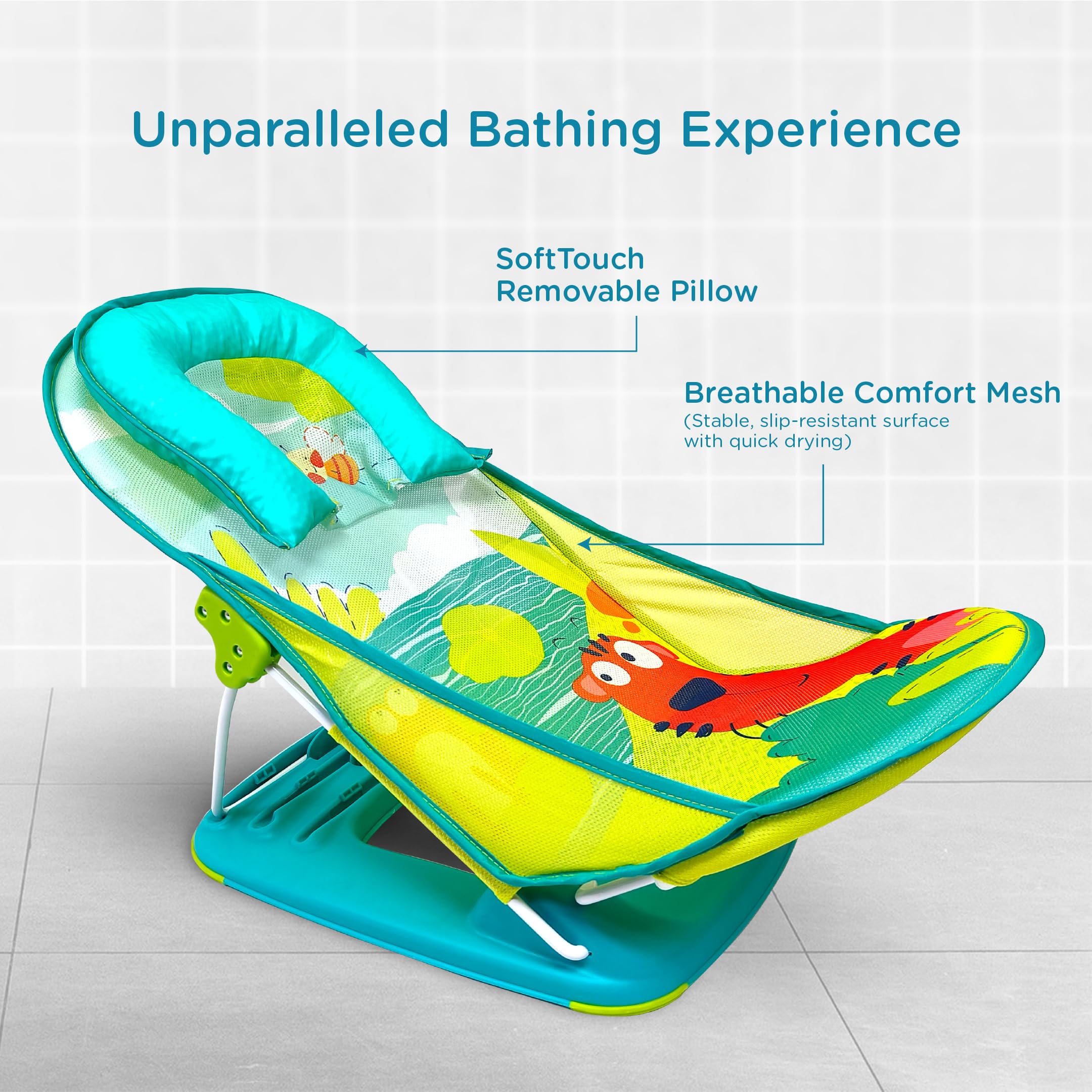 Mastela Newborn Baby Bather | Bath Chair for Newborns and Infants 0-6 Months | Foldable | 3 Position Adjustable Backrest | Anti Skid Base | Washable Soft Mesh Seat for Babies Upto 9Kg (Teal) - Image 2 thumbnail