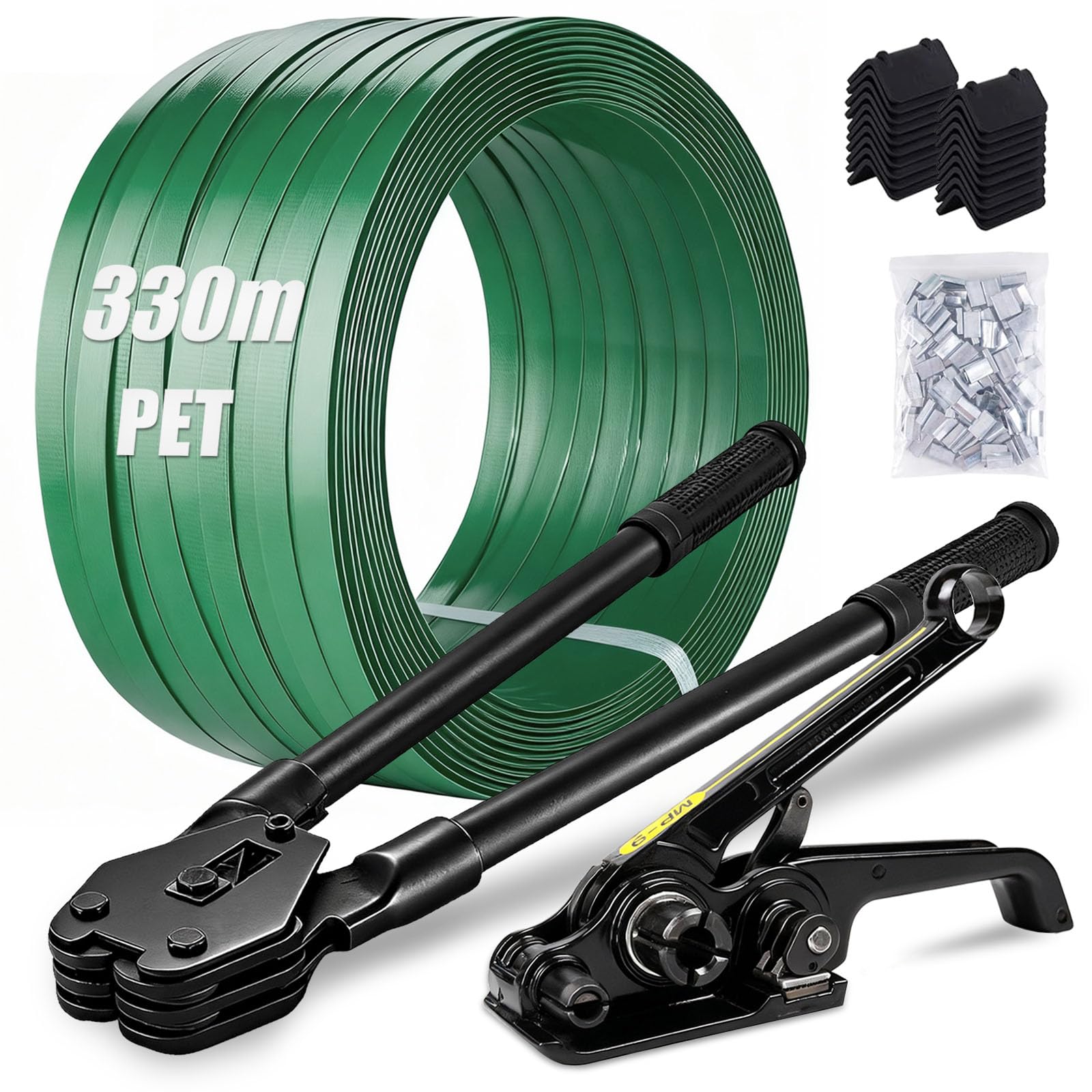 Reggiatrice Manuale, 12-19mm Kit di Reggiatura con Nastro in PET da 330m Tenditori Silenziosi Set di Reggiatura per Imballaggio Include 100 Fibbie Metalliche e 100 Angolari di Protezione