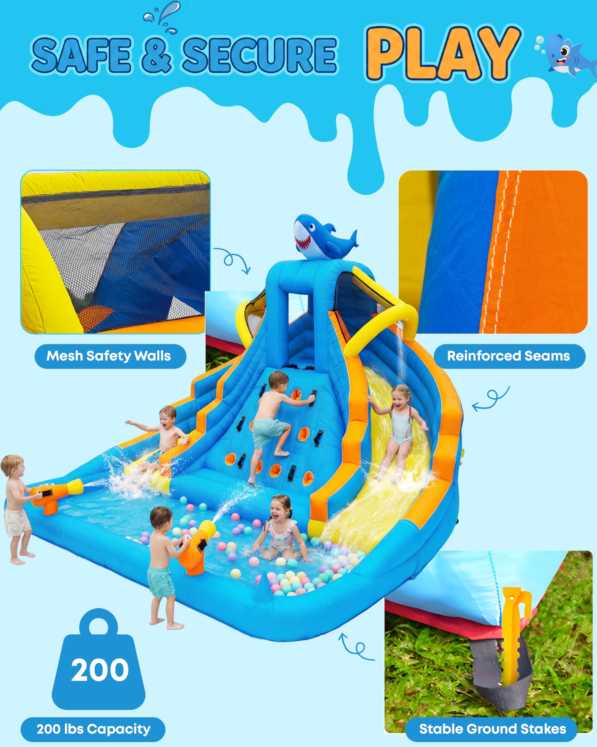 Parque acuático inflable para niños, tobogán de doble carril al aire libre de 4 m con piscina de salpicaduras, pared de escalada, cañones de agua y soplador de 680 W, juego en el patio trasero para