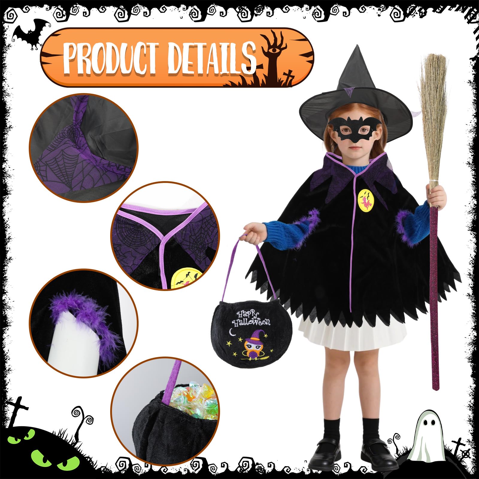 YEXEXINM Halloween Costume for Girls Wizard Cape Witch Cloak with Hat Broom Owl Bag Bat Mask Kids Wizard Witch Cloak Costumes Cosplay for Halloween Carnival Themed Parties - Image 3
