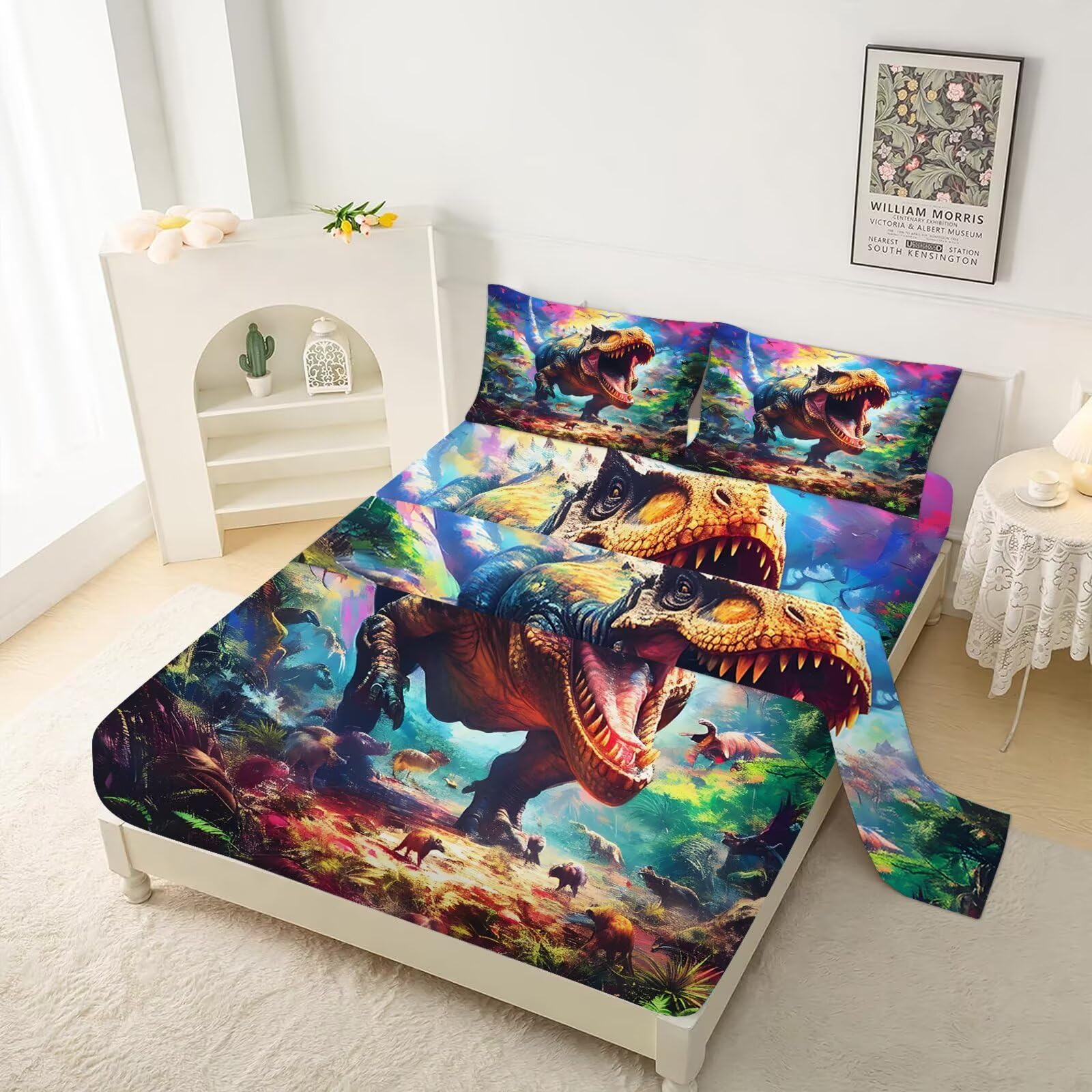 VTKON Dinosaur Sheets Set Twin for Boys Tie Dye Dinosaur Bedding Set 3D Dino Bed Set with 1 Flat Sheet 1 Fitted Sheet and 1 Pillowcase