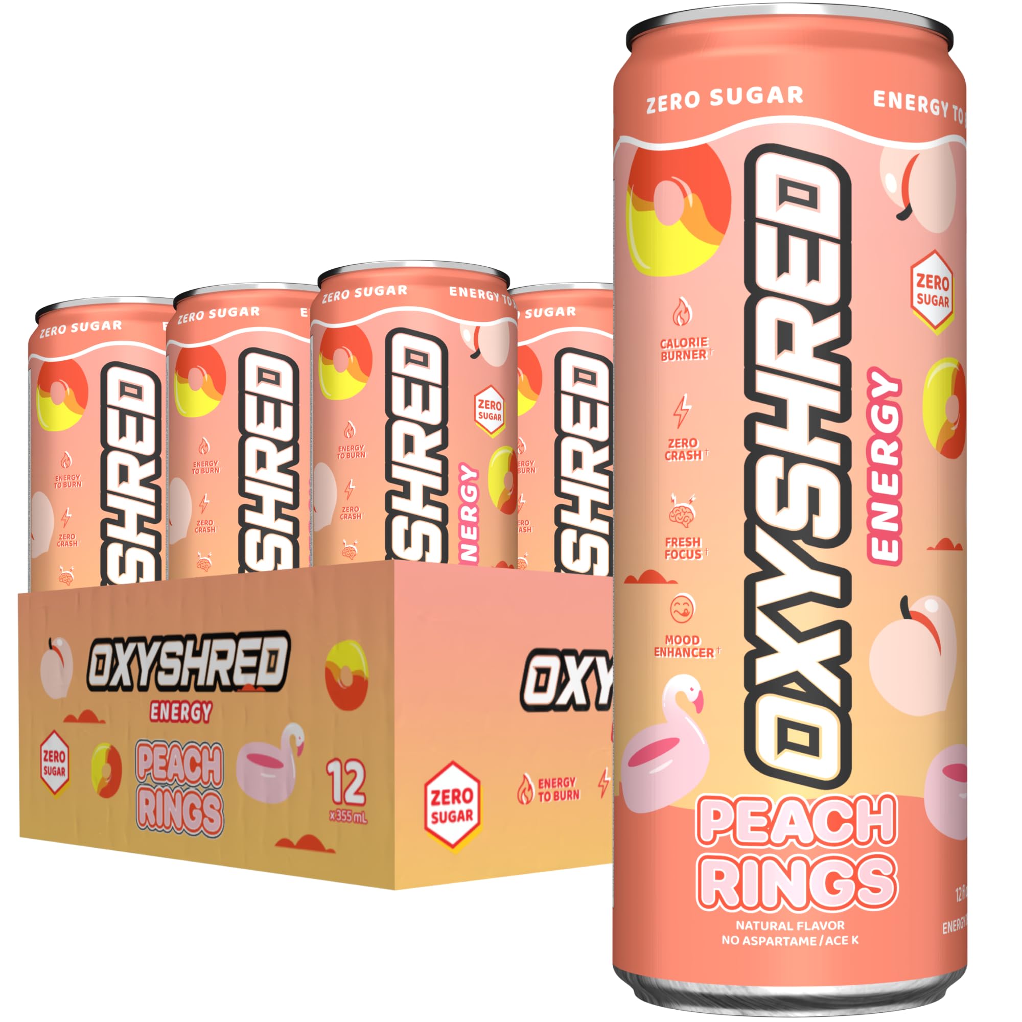 EHP LabsOxyShred Healthy Energy Drink - Zero Sugar Energy Drinks with Amino Acids, Green Tea Extract, Vitamin C & L Carnitine - Zero Carbs, Zero Calories, Clean Caffeine, Peach Candy Rings (12-Pack)
