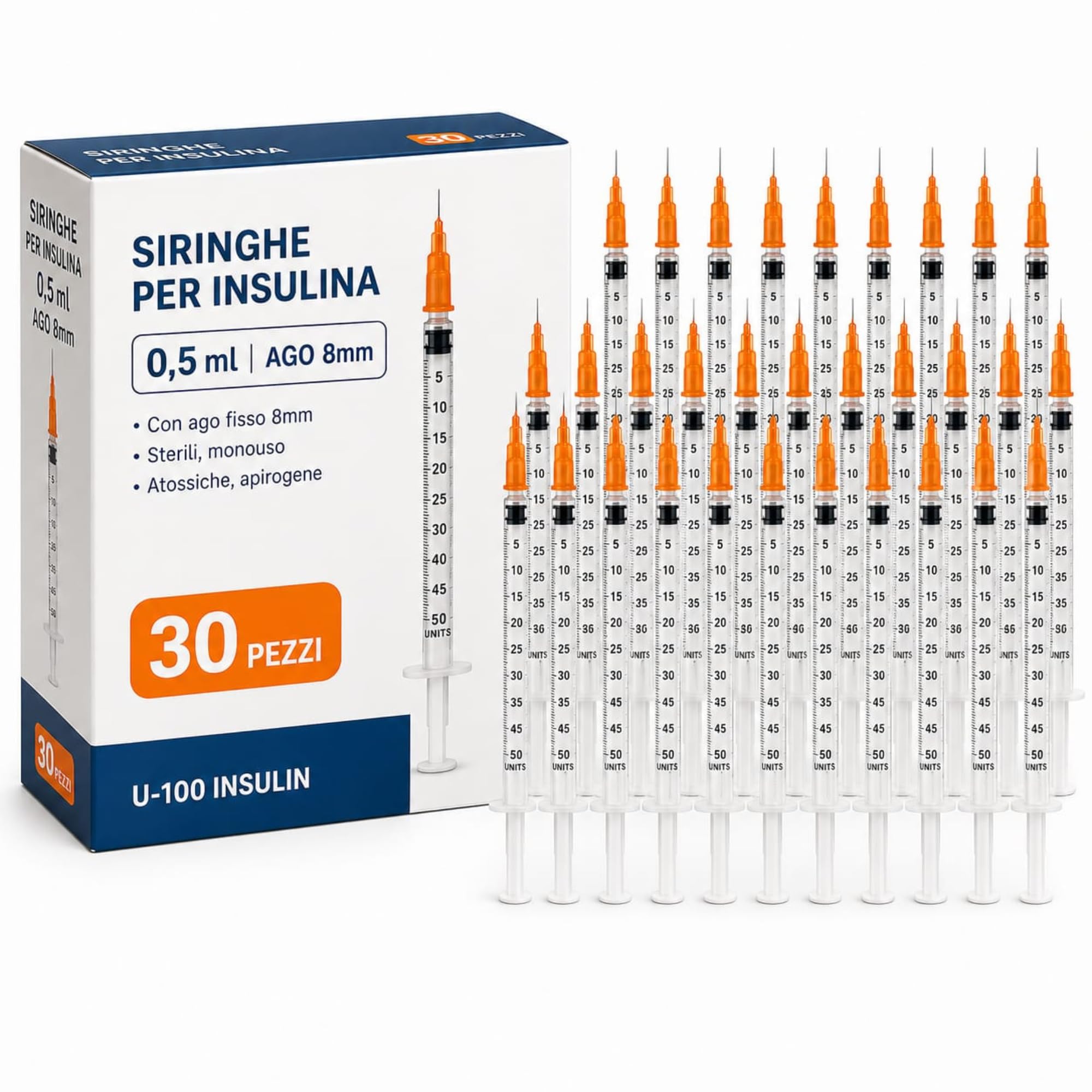 Siringhe per Insulina, U-100 - 0,5 mL - (50 UI) - con Ago fisso da 8mm - Sterili Monouso - Confezione da 30 siringhe (3 buste da 10). Marchio Made in Italy.