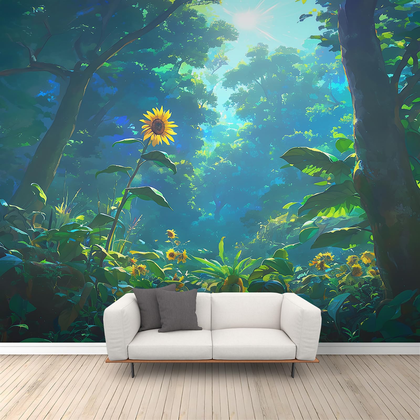 Green Forest Mural Sunshine Forest Mural Wallpaper Tropical Rainforest Natural Scenery Wall Murals for Living Room Children's Bedroom Murals（Not Peel and Stick） 100 x 70 cm
