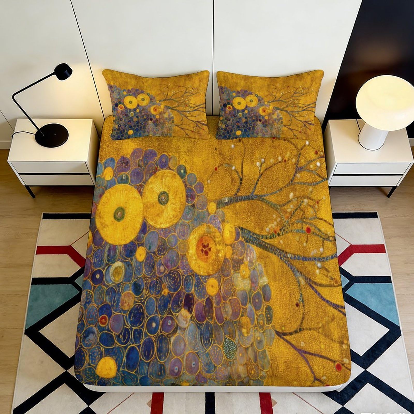 3D Printed Golden Abstract Owl Fitted Sheet Microfiber Soft Breathable Artistic Tree Bed Cover for Bedroom Dorm Decor 90x200x25cm