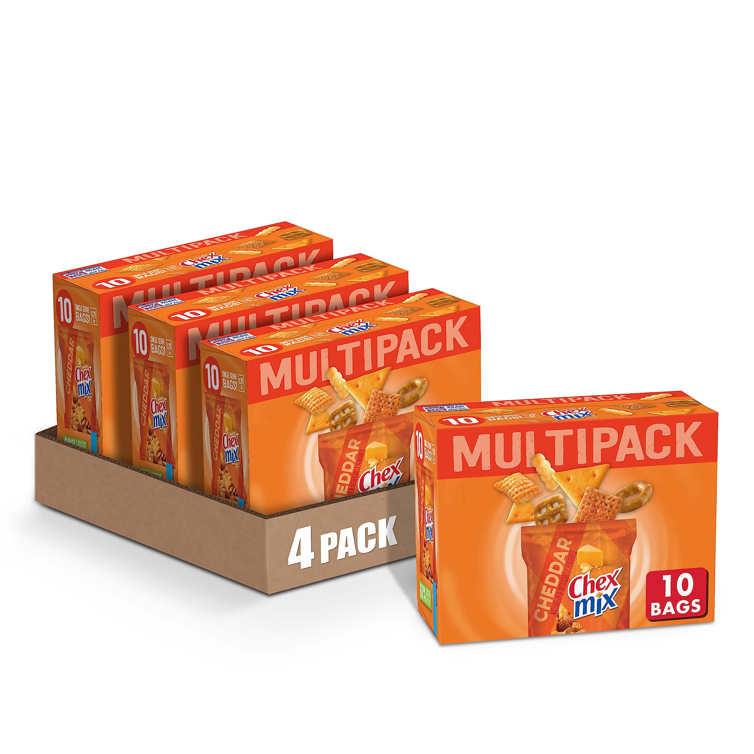 Chex Mix Snack Mix, Cheddar Flavored, Savory Single Serve Bags Multipack, 10 Ct, 17.5 oz (Pack of 4)