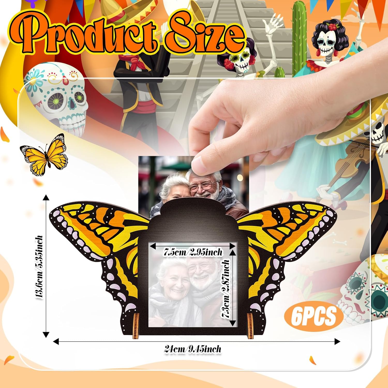 Youyole 6 Pcs Día De Los Muertos Photo Frame 7.5 x 7.3 Day of The Dead Wooden Picture Frame Mexican Butterfly Tabletop Display Hanging Wall Decor Vertical or Horizontal for Halloween Altar Ofrenda - Image 3