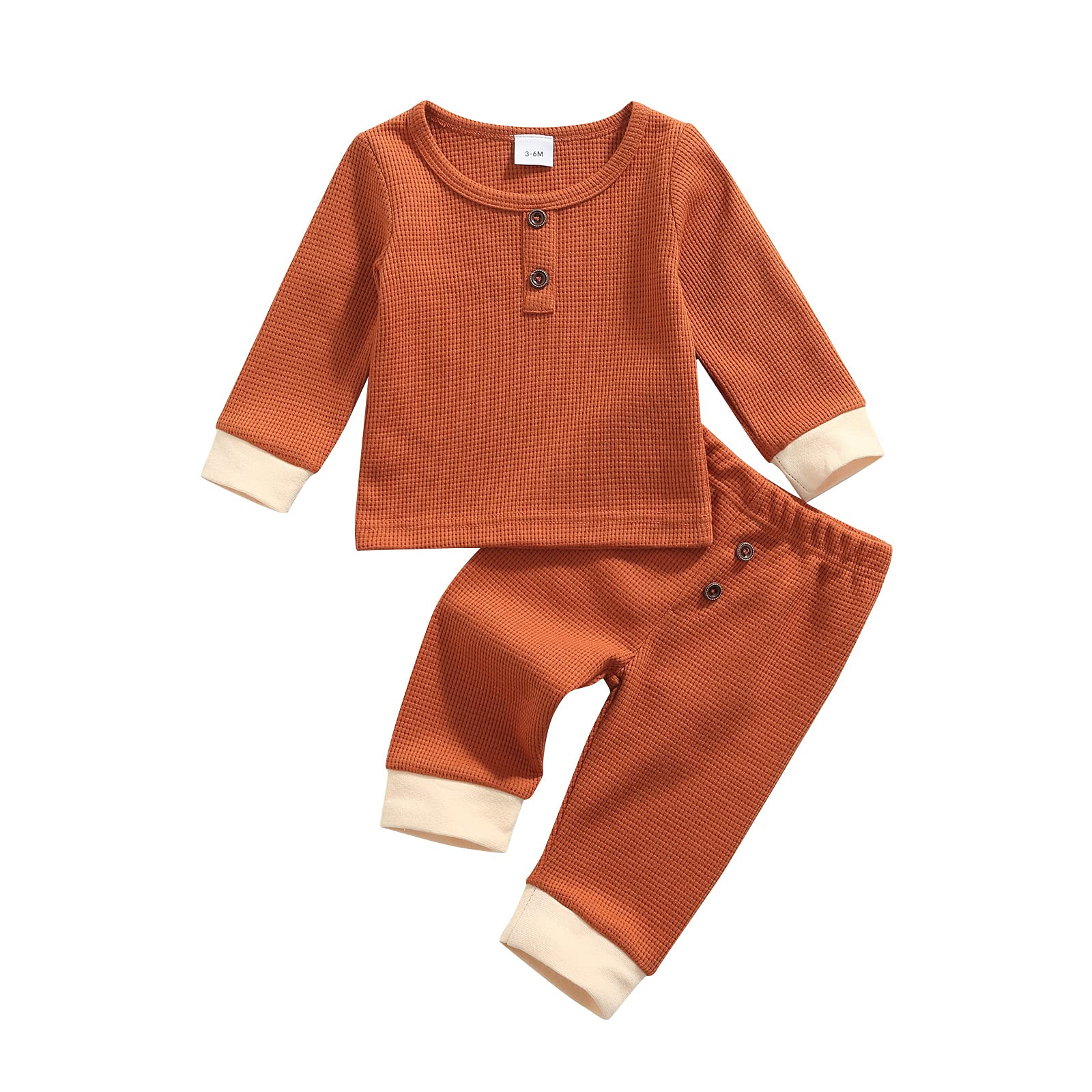Newborn Unisex Baby Boy Girl Clothes Long Sleeve Button Romper Solid Color Pants Outfits Infant Fall Winter Waffle Clothes