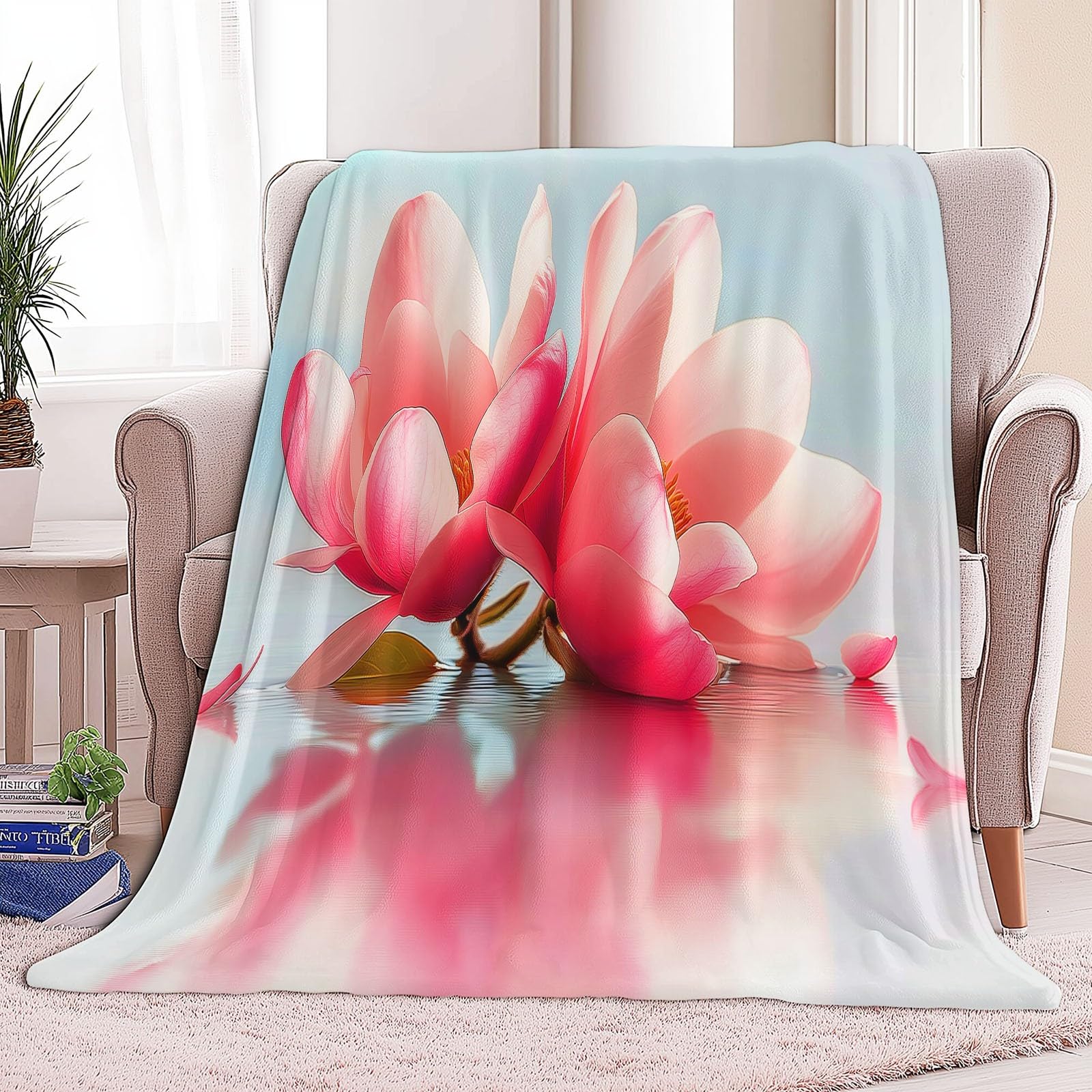 Genérico Manta Franela para Cama Crema, Ultra Suave Mantas Estampado Exquisito Flor Magnolia para Sofa 200 x 200 cm - Cálida y Acogedora para Cama Sofá Oficina Coche Viajes Camping
