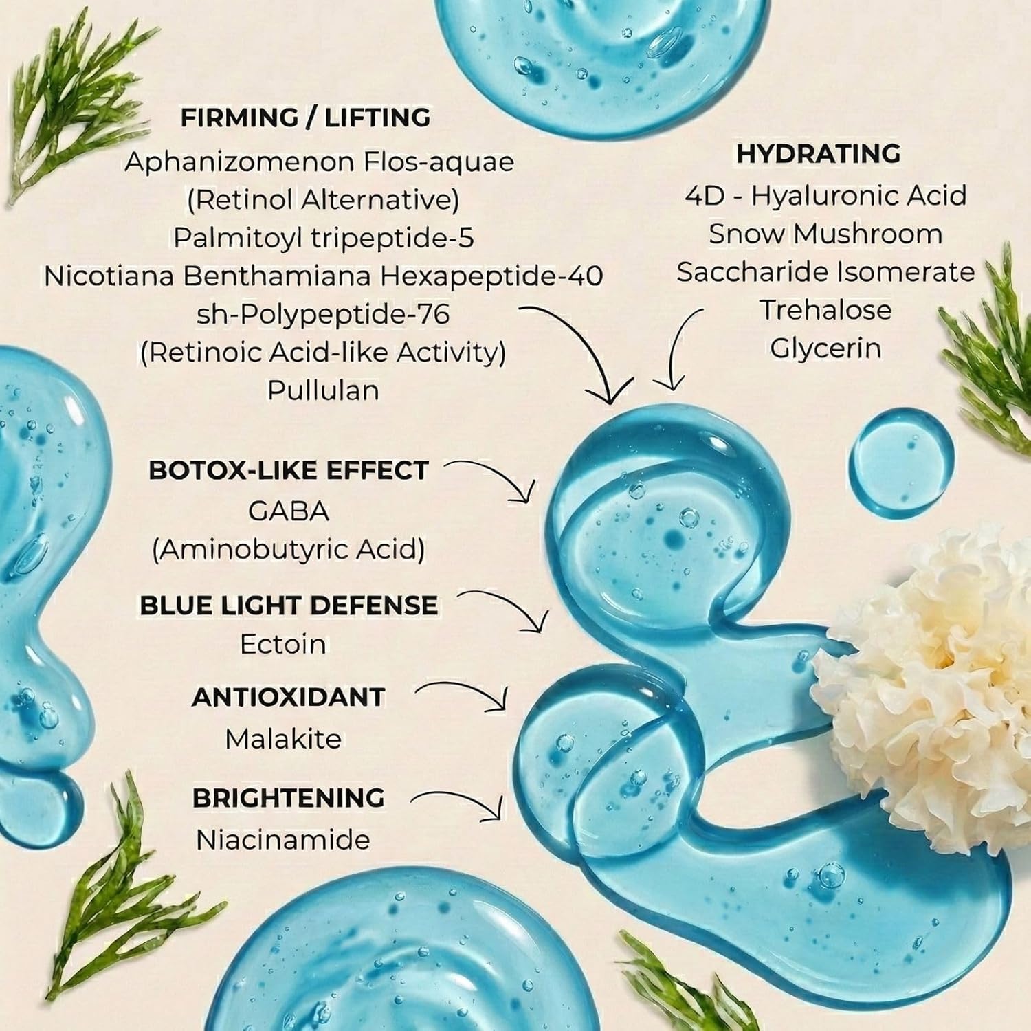 YUNASENCE BLU’MARINE Pacific – 4D Pro-Collagen Re-Hydration Elixir, with Malachite Extract, 4D Hyaluronic Acid 10%, GABA & Peptides. With blue light protection. For Plump, Radiant, Firm Skin.