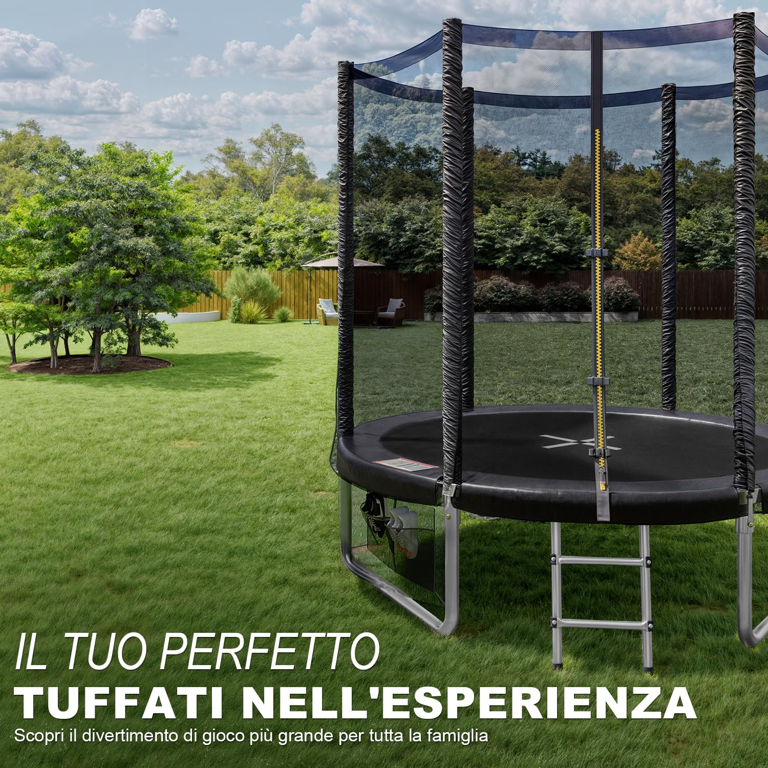 Trampolino Rotondo da Giardino 183/244/305/366/427 cm Trampolino Elastico per Adulti e Bambini Tappeto Elastico da Giardino di Diametro con Rete di Sicurezza, Scala e Barre Imbottite, Esterno