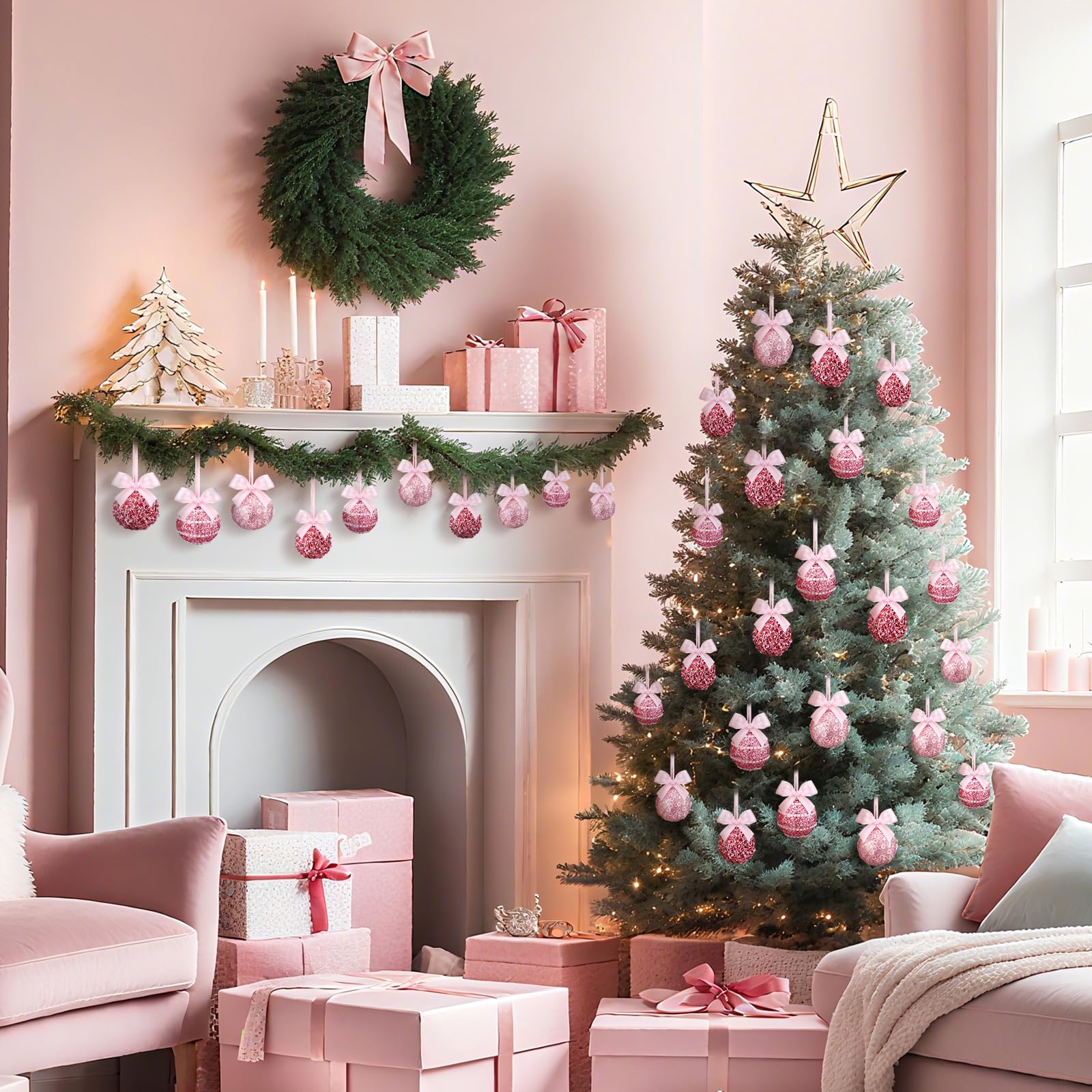 Hungdao Lot de 12 boules de Noël roses à suspendre en plastique incassable avec nœud coquette pour fêtes de Noël