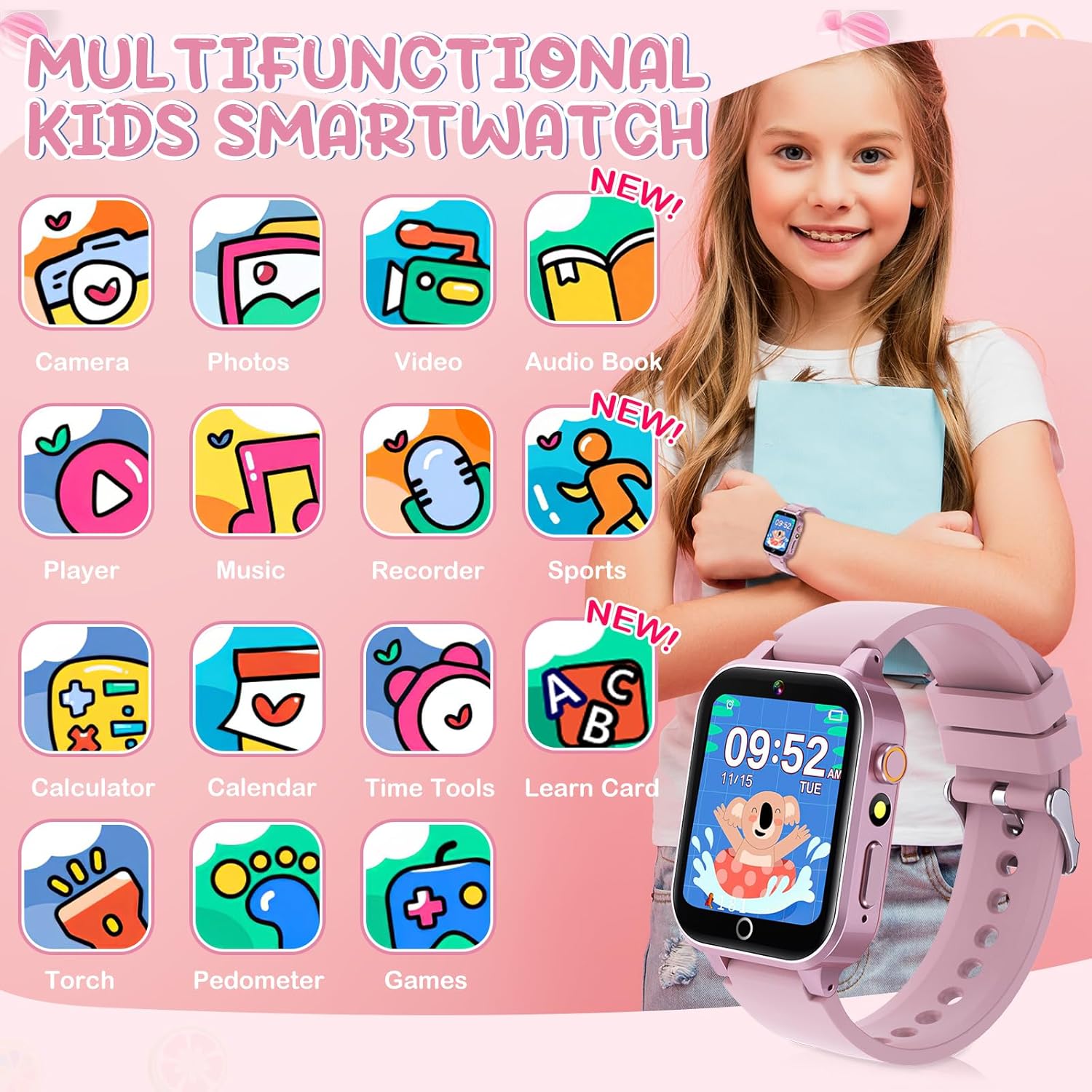 Moremore Smart Watch for Kids with 39 Games, Kids Watch with Touch Touchscreen Alarm Clock, HD Camera, Pedometer, Gifts Toys for Ages 3-12 Years Old for Boys Girls, Pink