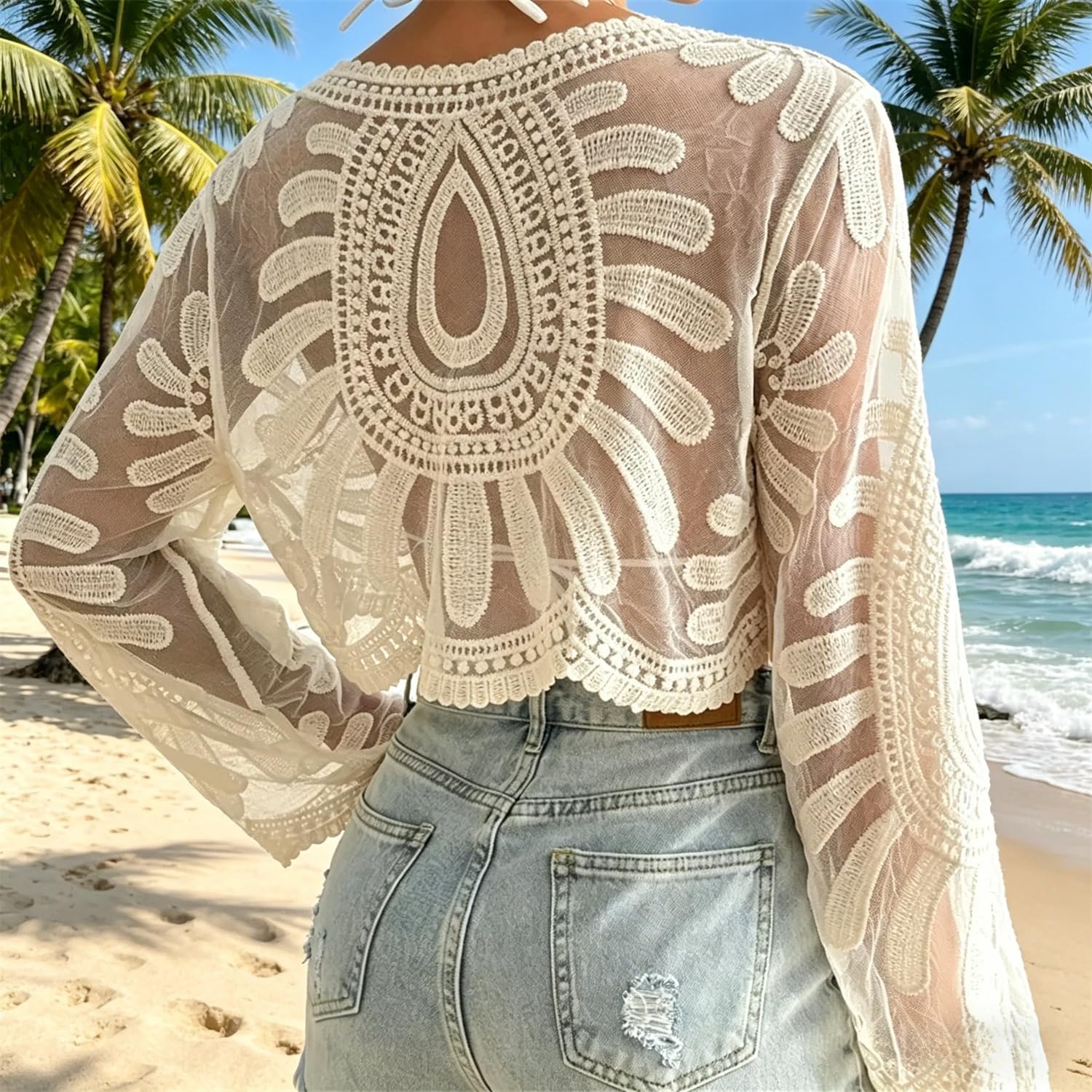 Kimono da donna con ricamo floreale, semi-trasparente, a maniche lunghe, in pizzo, bohémien, cardigan leggero per spiaggia, costumi da bagno, vacanze, abbigliamento estivo