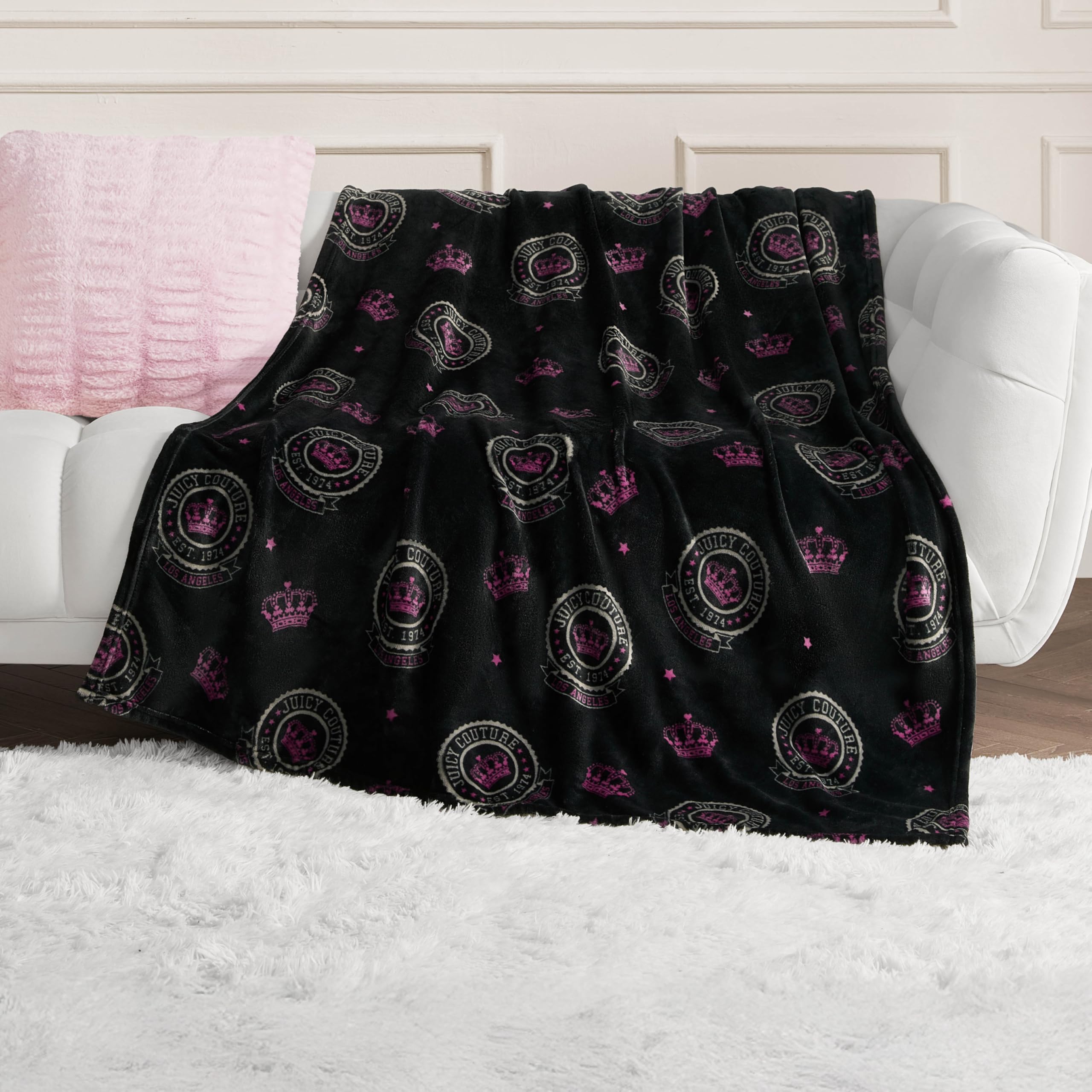 Juicy Couture - Throw Blanket, Juicy Emblem, Plush and Cozy, Decorative Blankets for Sofas, Chairs and Beds, Luxurious and Soft, Chic Home Decor,