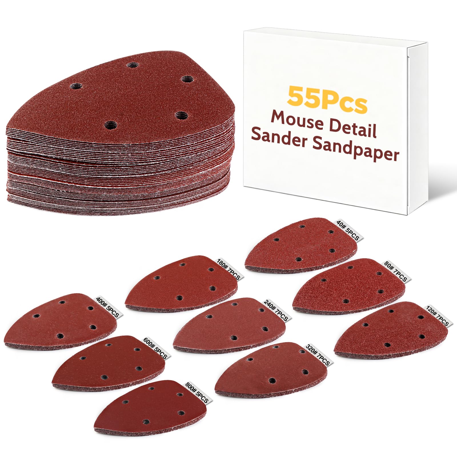 Giwiemi 55Pcs Mouse Detail Sander Sandpaper, 9 Grits (40-800
