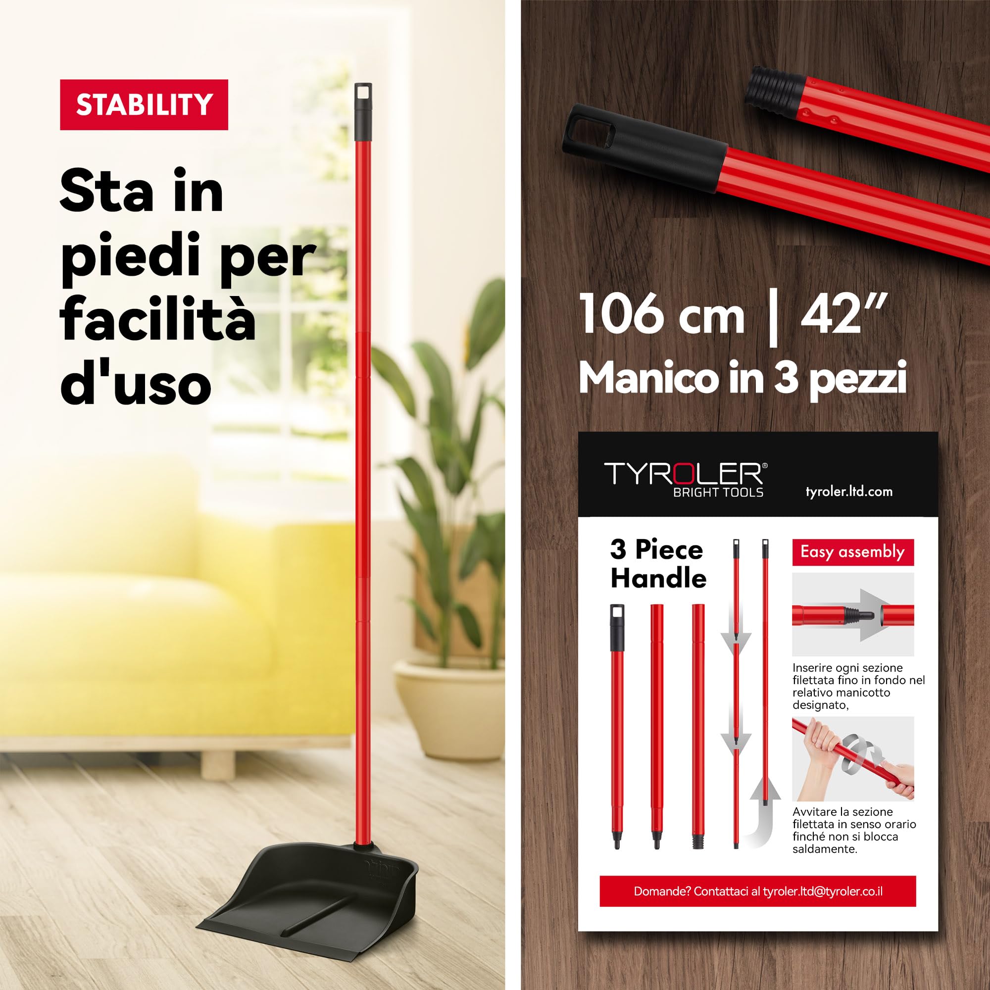 Tyroler Paletta Magica | 100% Gomma Naturale | Manico Antiruggine in Alluminio 105cm | Design da Appoggio | Compatibilità Universale con Scope
