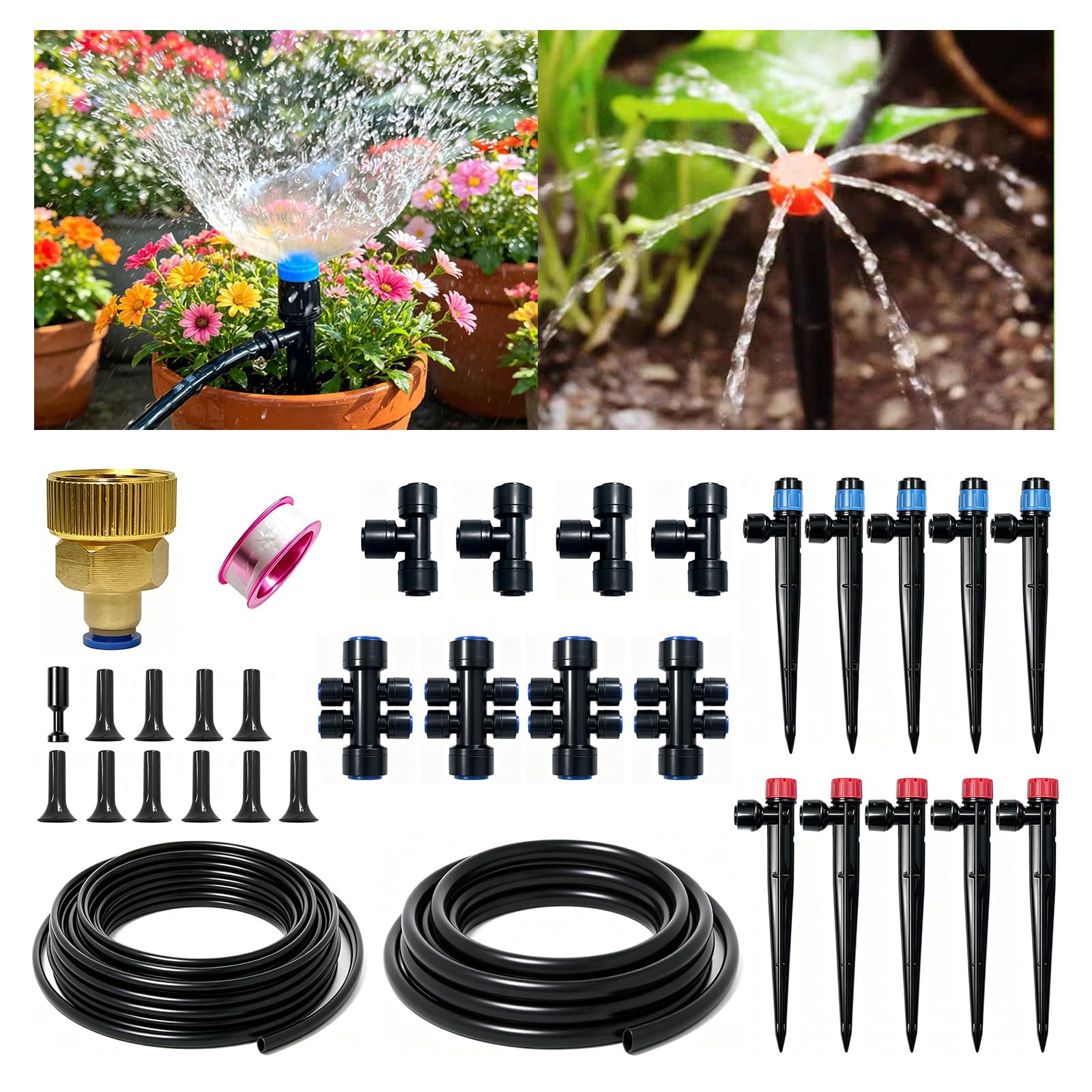 Kit de riego por goteo de conectores de cobre mejorado, sistema de riego automático de 15 + 78 pies, emisores y boquillas ajustables para jardín, invernadero, planta en maceta, césped, invernadero y