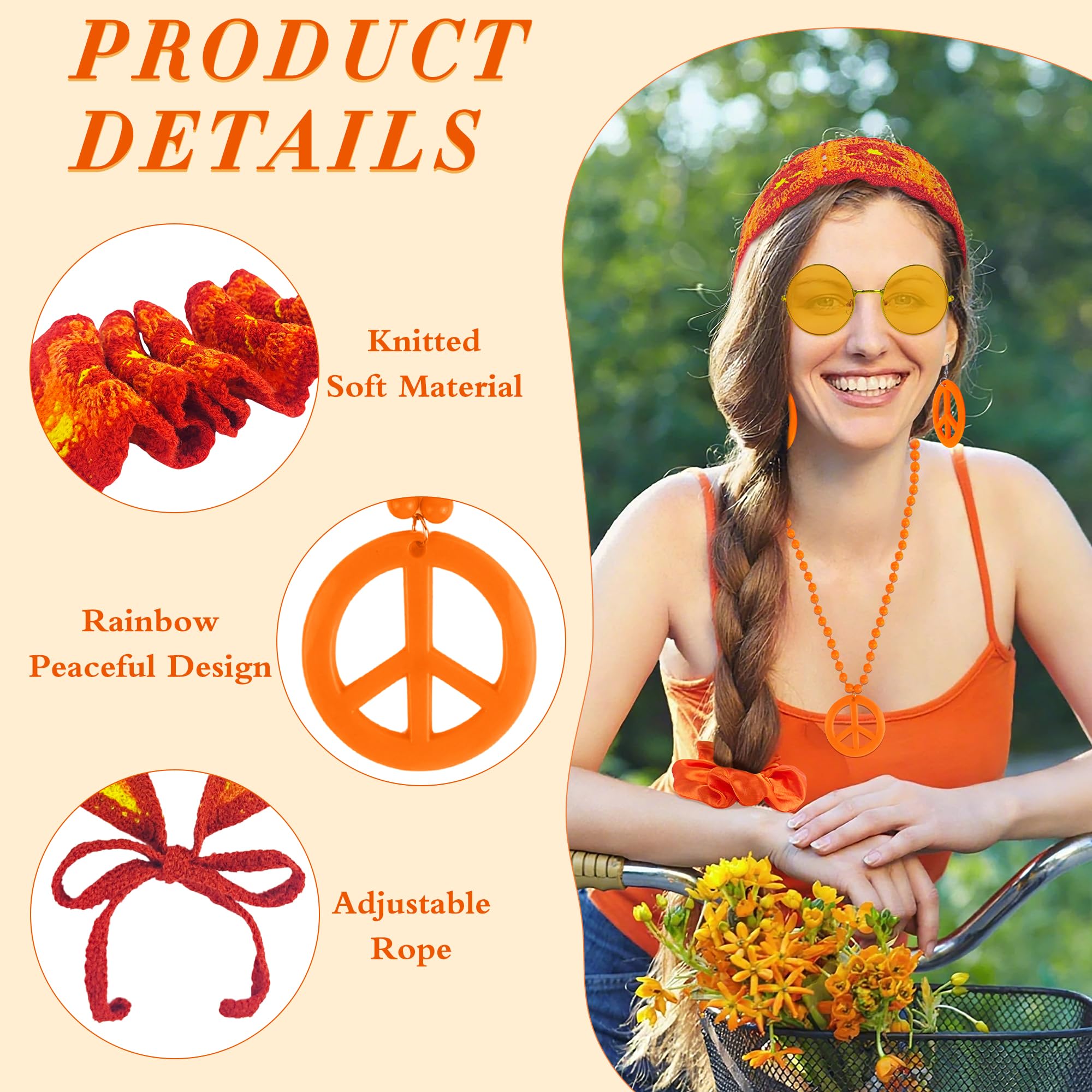 Alaxciax 60s 70s Hippie Accessories for Women Boho Hippie Costume with Flower Knit Headband Peace Sign Necklace Groovy Disco Outfits for Party Cosplay - Image 4
