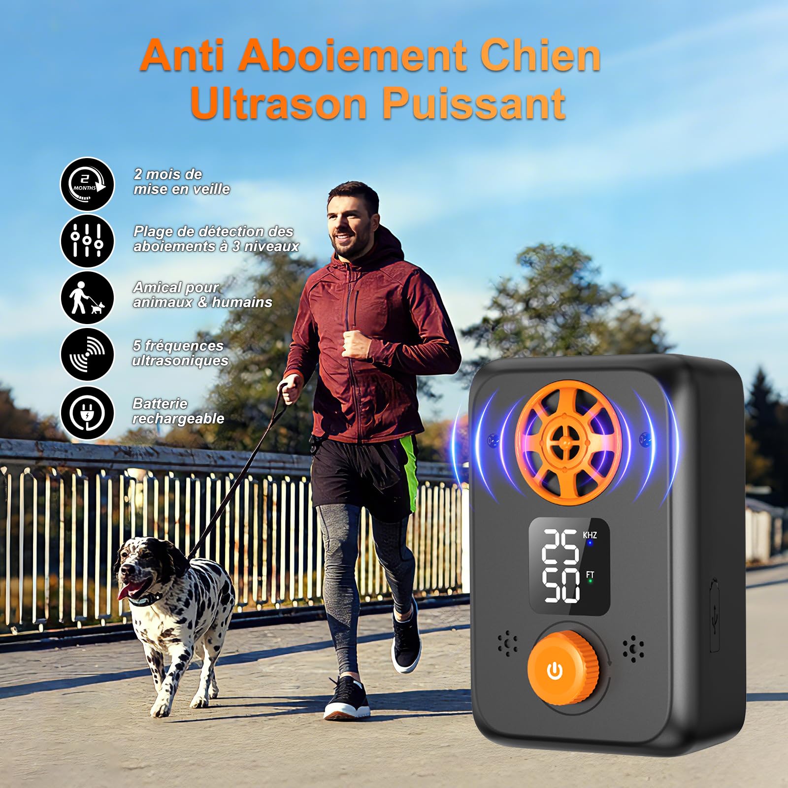Anti Aboiement Chien Ultrason Puissant - Appareil Anti-Aboiement Ultrasonique Chien avec 5 Fréquences Ajustables 3 Portées Arrêt Automatique du Aboiement Intérieur/Extérieur