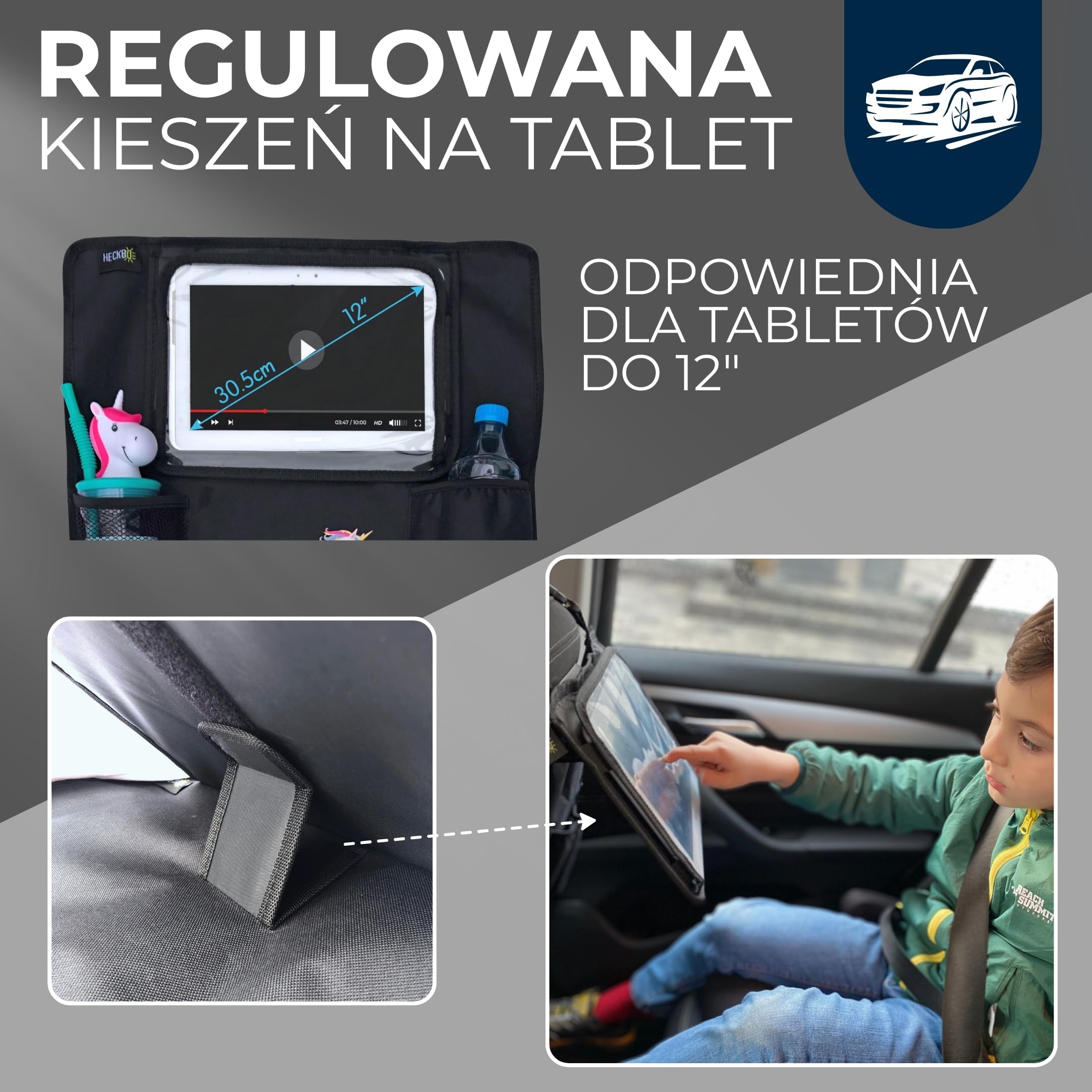 HECKBO 1x dziecięcy organizer na oparcie fotela samochodowego z regulowaną kieszenią na tablet, miejsce na akcesoria – Jednorożec – 70x45 cm – w zestawie uchwyt na napoje