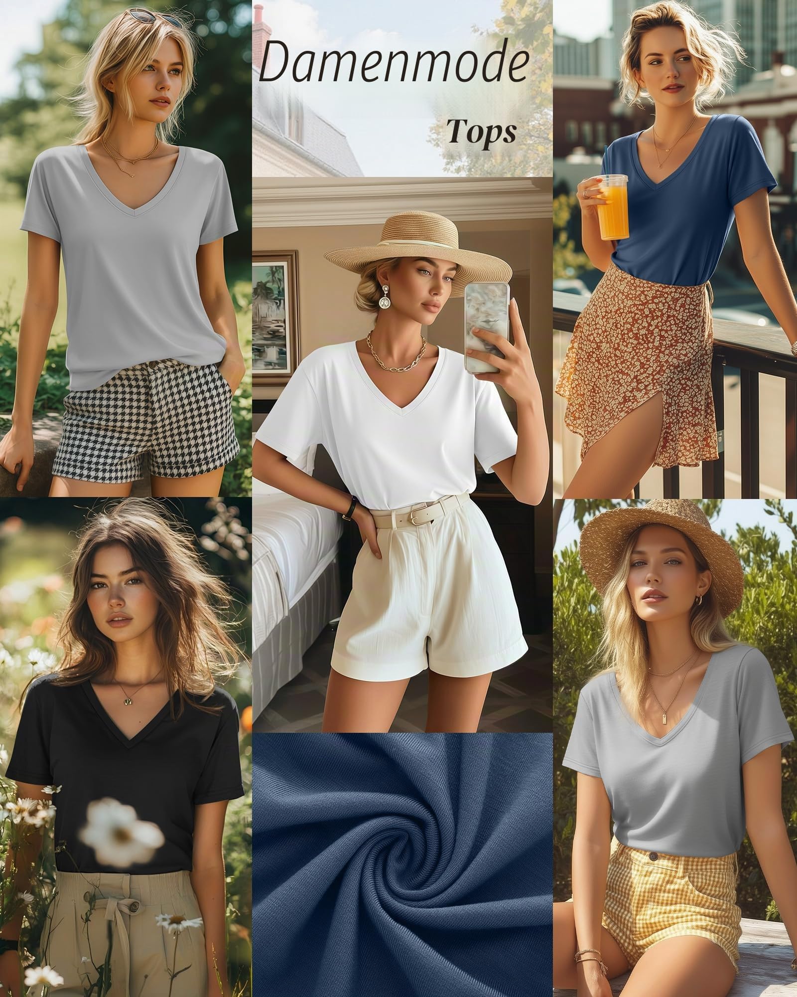 Neer 4er Pack Damen T-Shirts V-Ausschnitt Kurzarm Sommer Casual Tops Lockere Passform Gerader Saum Basic