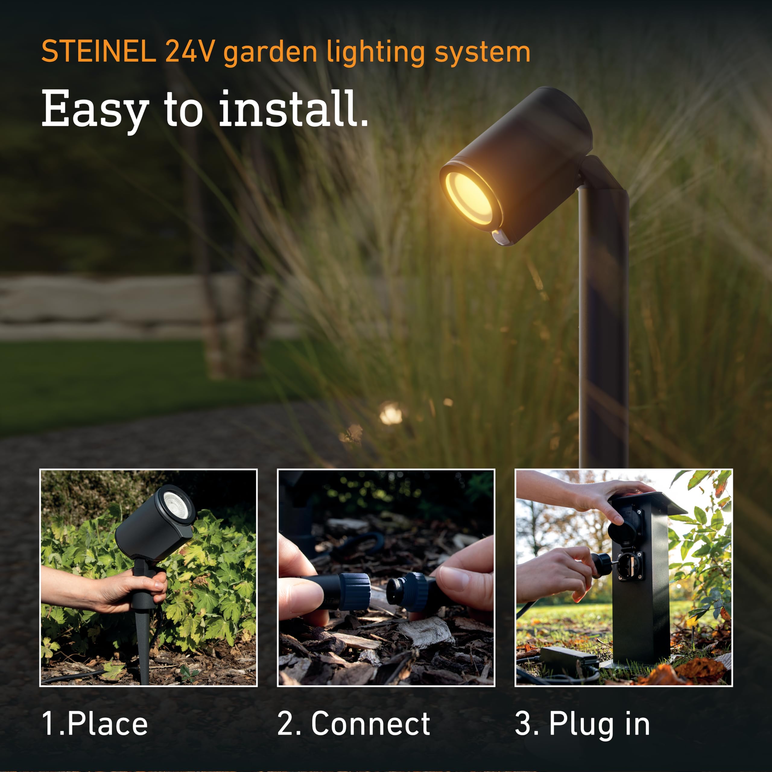 Steinel Zewnętrzna lampa słupkowa Spot Way C 24 V, RGBWW, 16 mln kolorów, czujnik zmierzchu, ściemnialny LED-reflektor ogrodowy, sterowanie aplikacji, Plug & Play, IP65