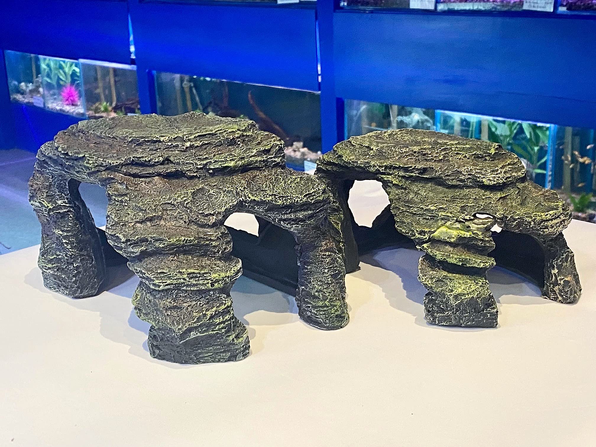 Mezzaluna Gifts Set of 2 Medium & Large Grey Natural Effect Cave Fish Tank Swim-through Hideaway Aquarium Ornaments