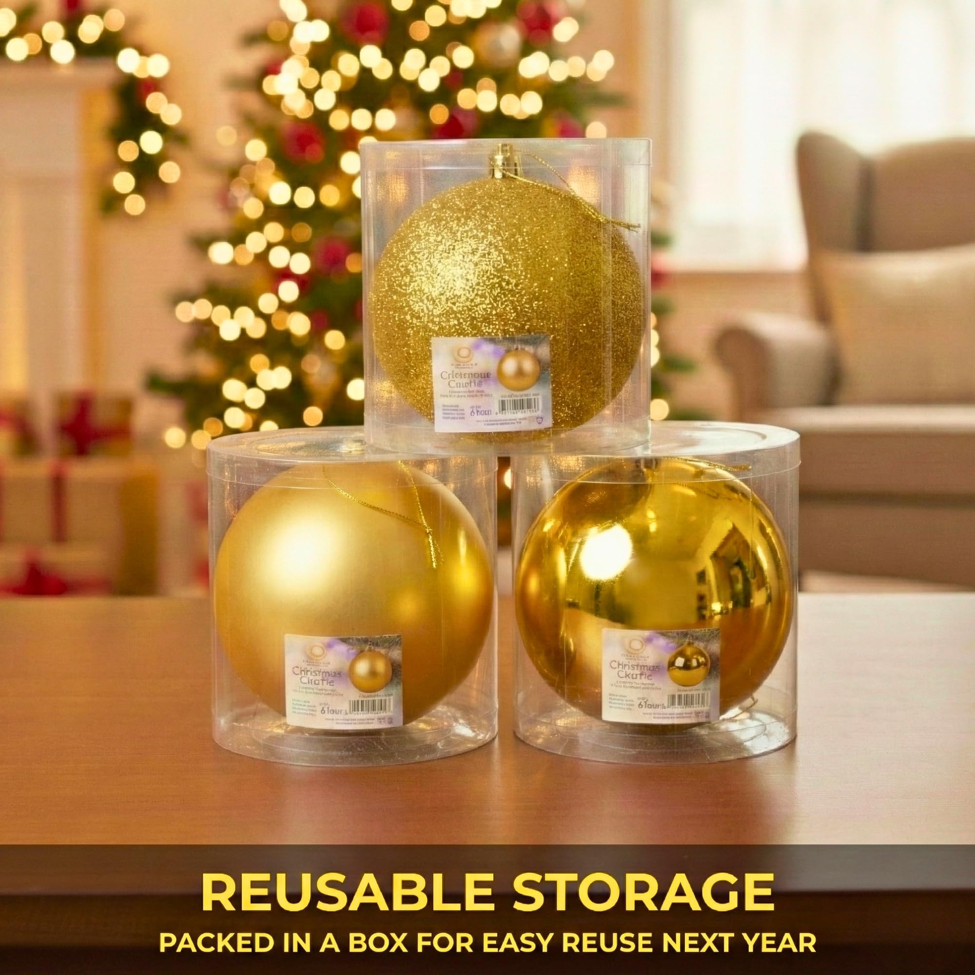 Juego de 3 Bolas Grandes de Oro Profundo de PVC inastillables de 25 cm, Acabado Brillante, Mate, con Acabado Brillante, Adornos Surtidos para Colgar en el árbol de Navidad, Adornos Redondos para