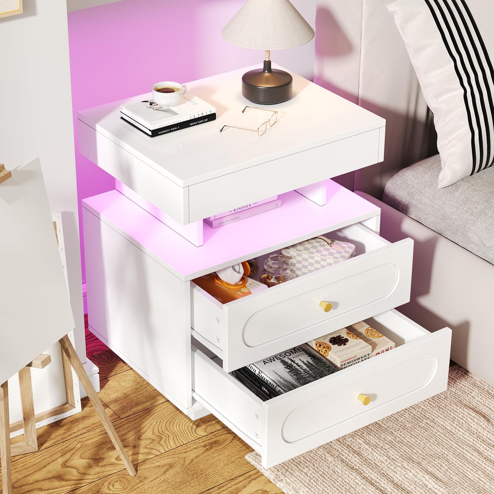 Mesita de noche con iluminación LED, cómoda de noche con 2 cajones, 1 espacio de almacenamiento abierto, blanco, ancho 50/T40/alto 60 cm
