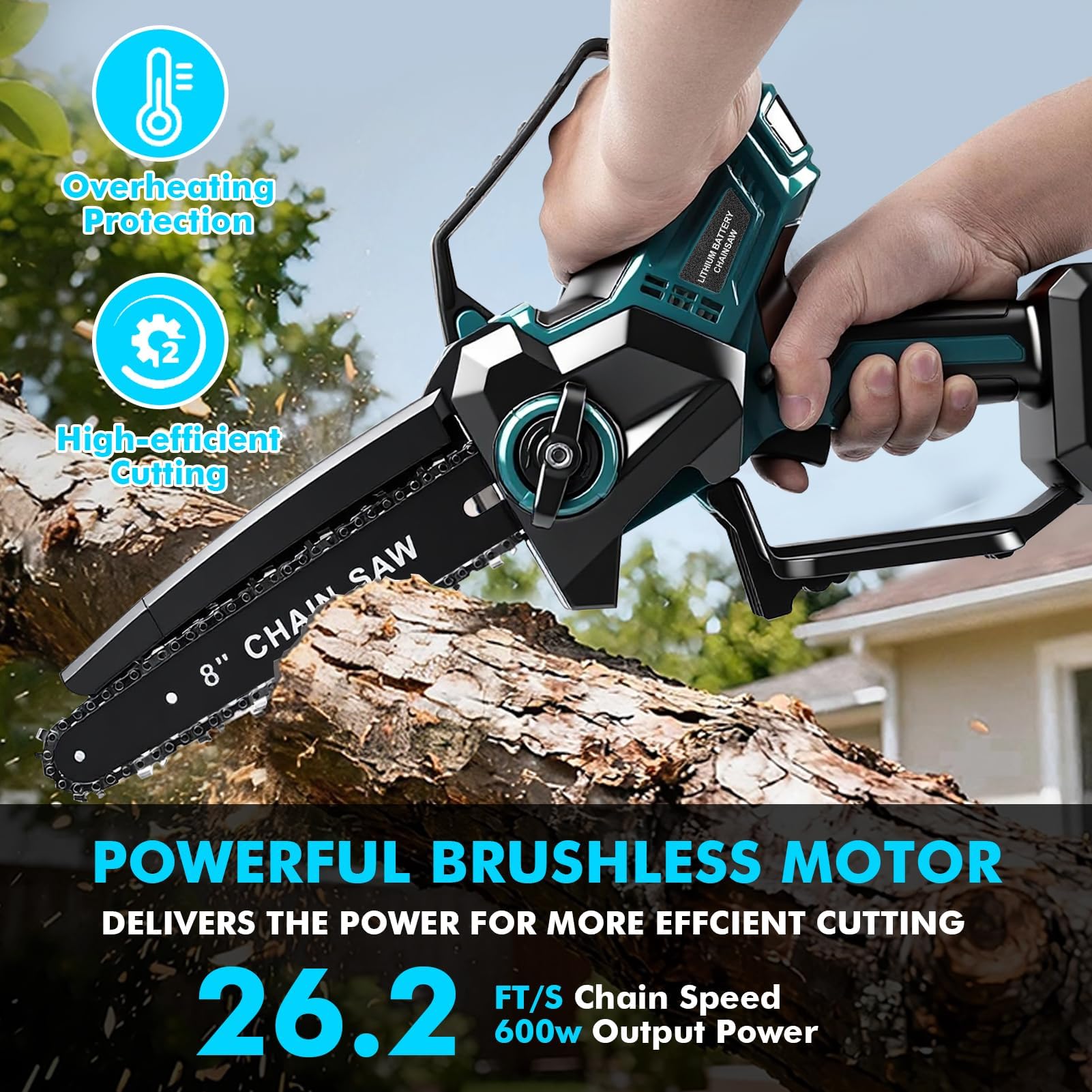 Motosierra Batería 8 Pulgadas, Mini Motosierra Inalámbrica 2x3000mAh, 18V | Motosierra Eléctrica, con 2 Cadenas, Tensión de Cadena y Lubricación sin Herramientas, Brushless, para Jardinería y Árboles