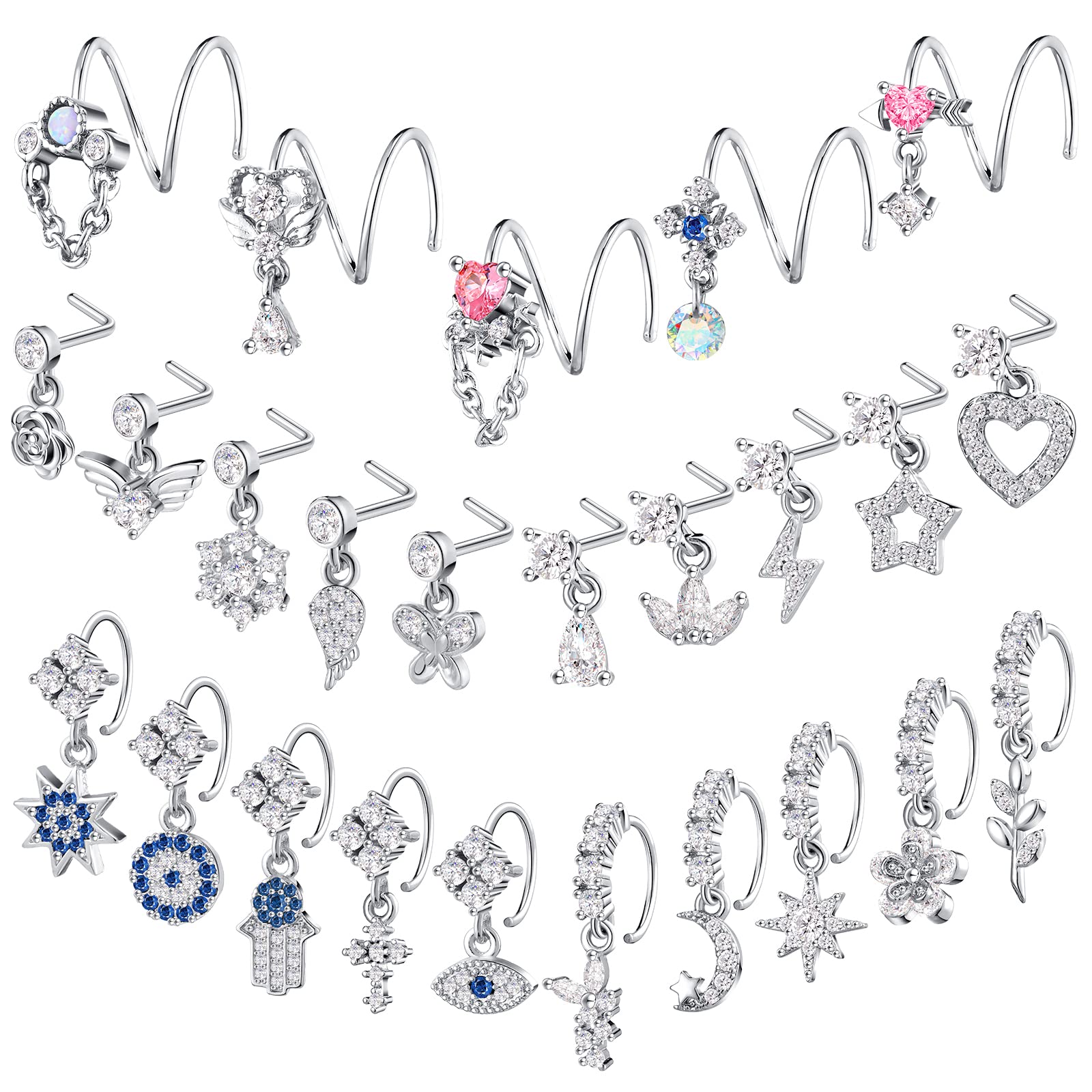 Henoyso25 Pcs 20g Dangle Nose Rings for Women Copper L Shaped Nose Ring Hoops Dangling Studs Piercings Indian Jewelry Charm Cute Heart Star Flower Gifts