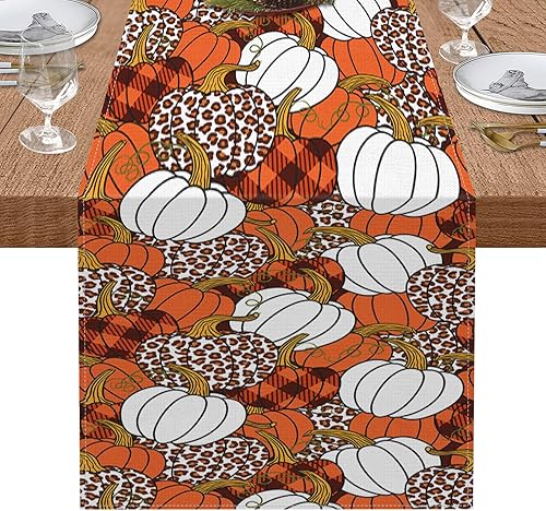 Camino de mesa de calabaza, leopardo, otoño, Halloween, Acción de Gracias, naranja, blanco y negro, caminos de mesa para cocina, decoración de mesa