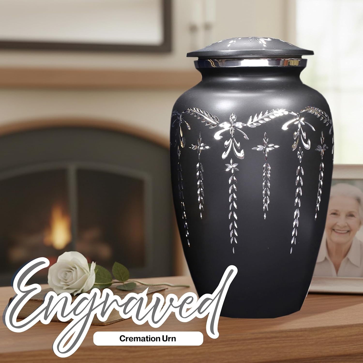 ALPHA Living HOME Engraved Aluminum Urn for Ashes Adult Male - Female, Black Silver Cremation Urn for Human Ashes, Large Funeral Memorial Urn with Secure Lid, Holds Remains up to 200 lbs - Image 2