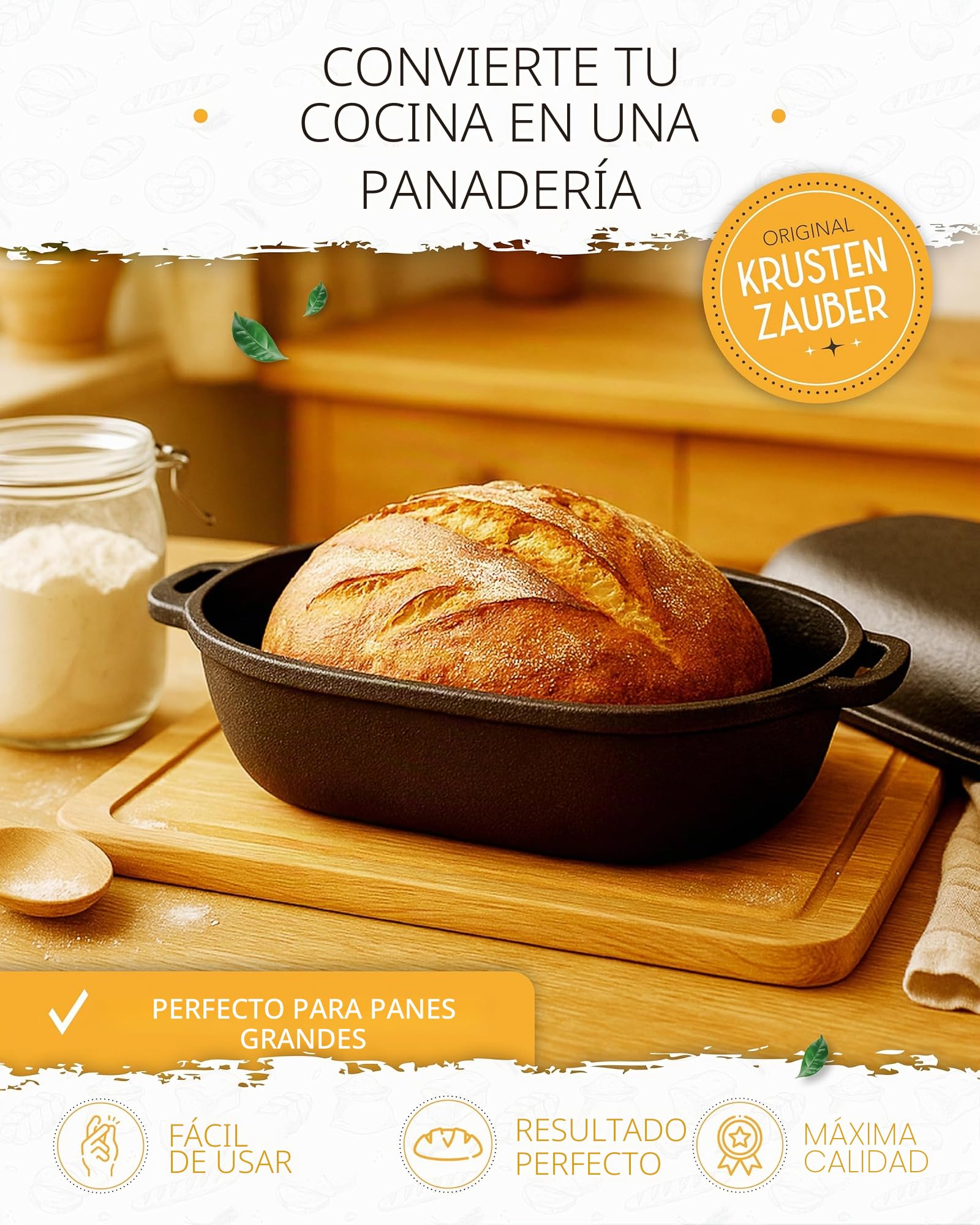 KRUSTENZAUBER Molde para pan de 40 cm con tapa, hierro fundido, incluye cesta de fermentación, robusta olla de hierro fundido, sartén para pan casero, olla de hierro fundido, olla de hierro fundido