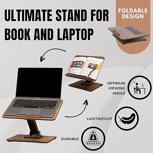 Miniatura 4 de Book Stand for Reading 360° Adjustable, Wooden Laptop Stand, Cookbooks Holder, Music Scores, Featuring Multi-Height Angles and Foldable Design with