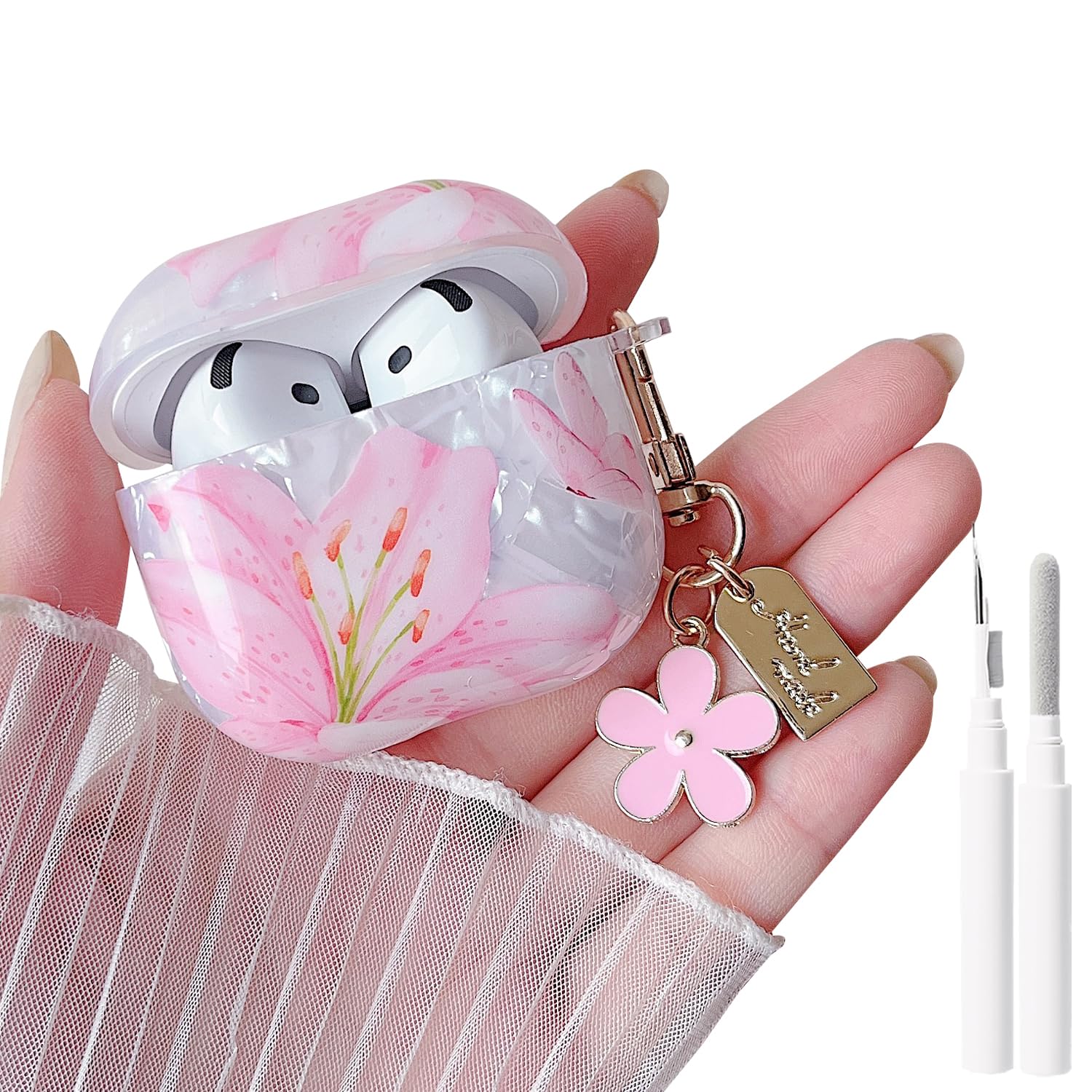 MINSCOSE for Cute Glitter AirPods 4 Clear Case,Flower and Butterfly Shell Pattern Design with Trendy Floral Keychain,Soft TPU Protective Cover with Cleaner Kit for AirPods 4-Pink