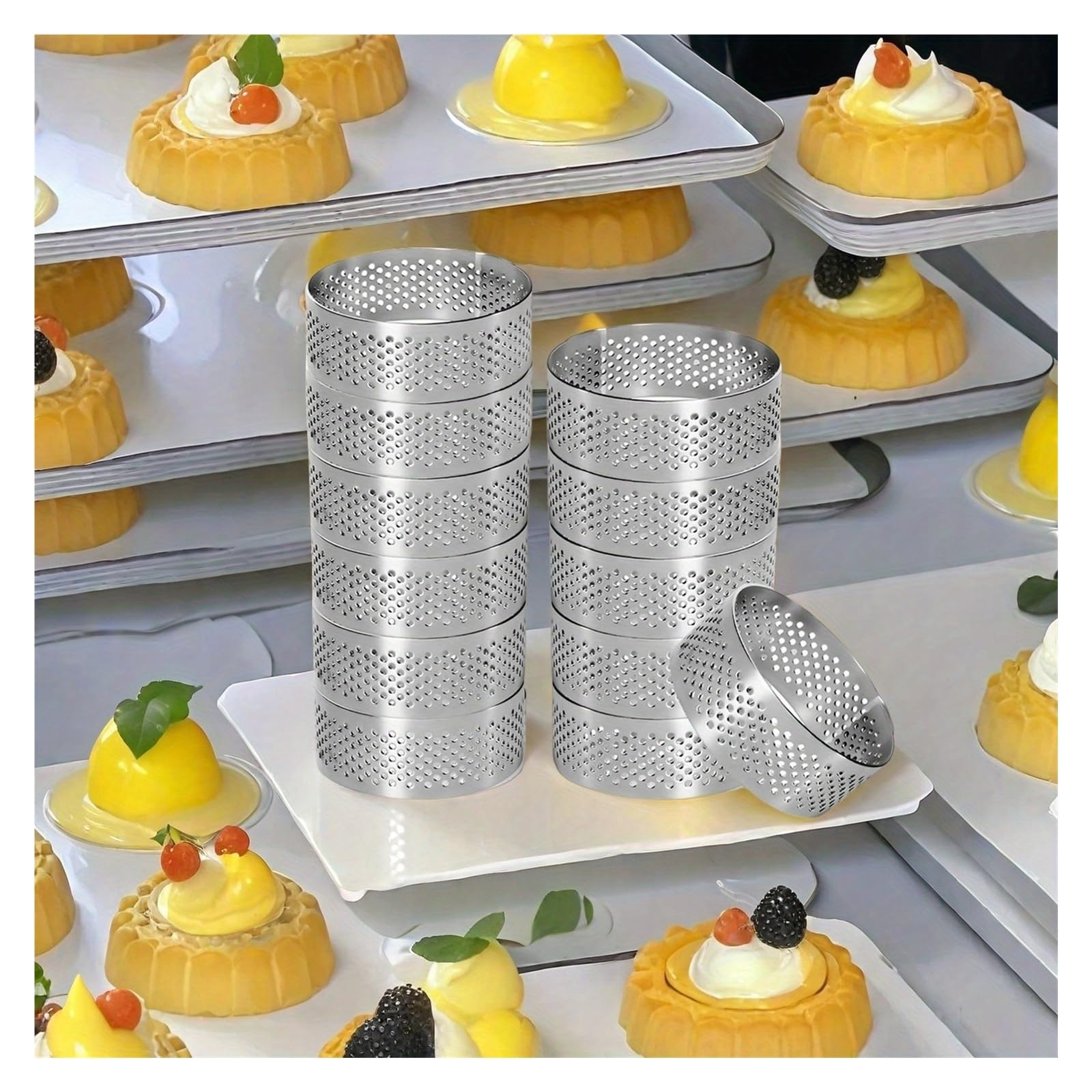 Set mit 12 runden Tortenringen aus Edelstahl – perforierte Formen for Mousses und Desserts, Keksausstecher, Obst-Törtchenformen