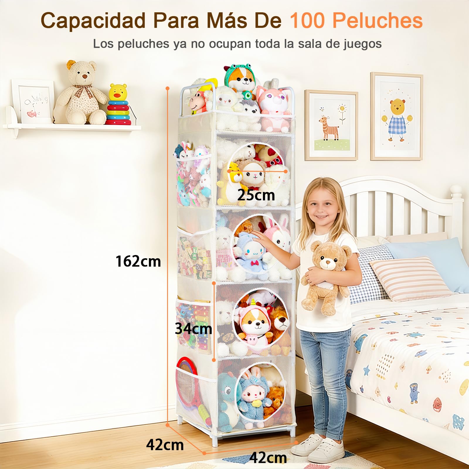 Almacenamiento de juguetes, 42 x 42 x 162 cm, caja de juguetes de 5 niveles y 8 bolsillos laterales