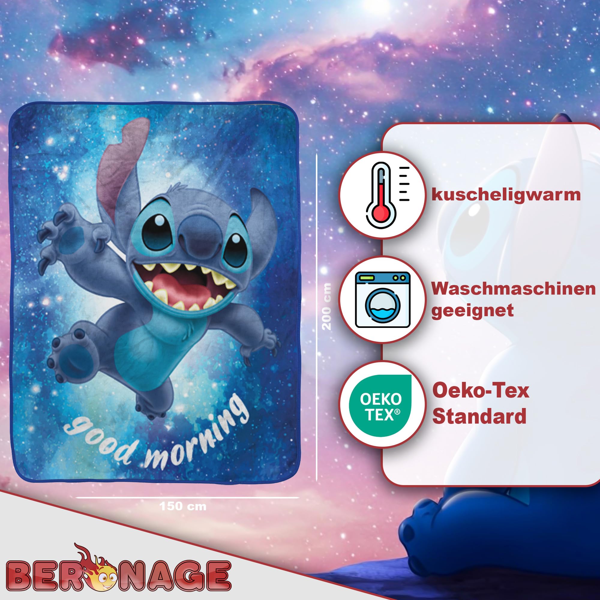 BERONAGE Disney Lilo & Stitch Out of The World - Coperta morbida in 100% poliestere, 150 x 200 cm, in flanella, per bambini, adulti, motivo: anime