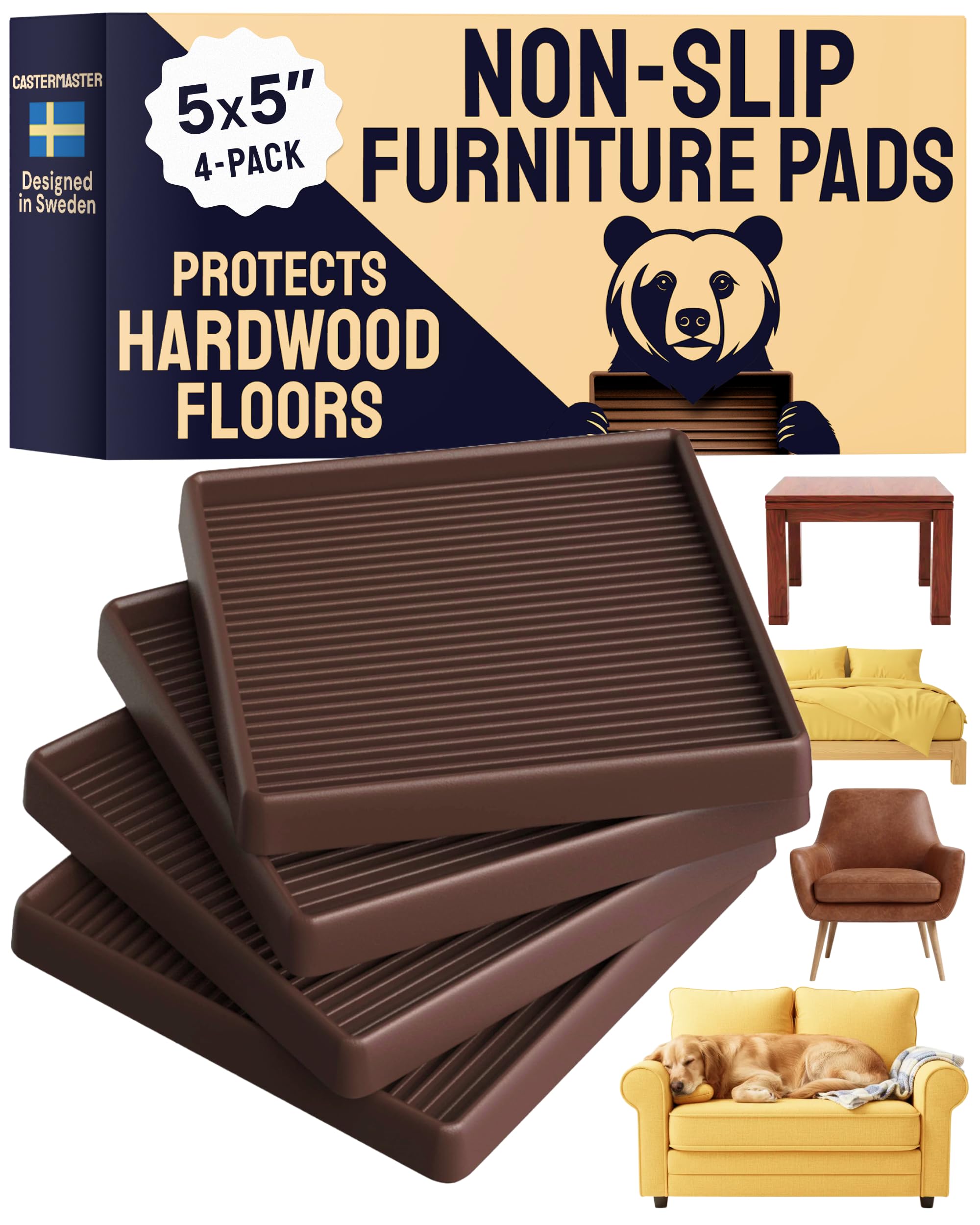 CasterMaster Square Rubber Furniture Pads - 4-Pack, Brown, 5in x 5in - Non Slip Furniture Pads for Hardwood Floors - Floor Protectors for Chairs & Rubber Feet - Stoppers to Prevent Sliding