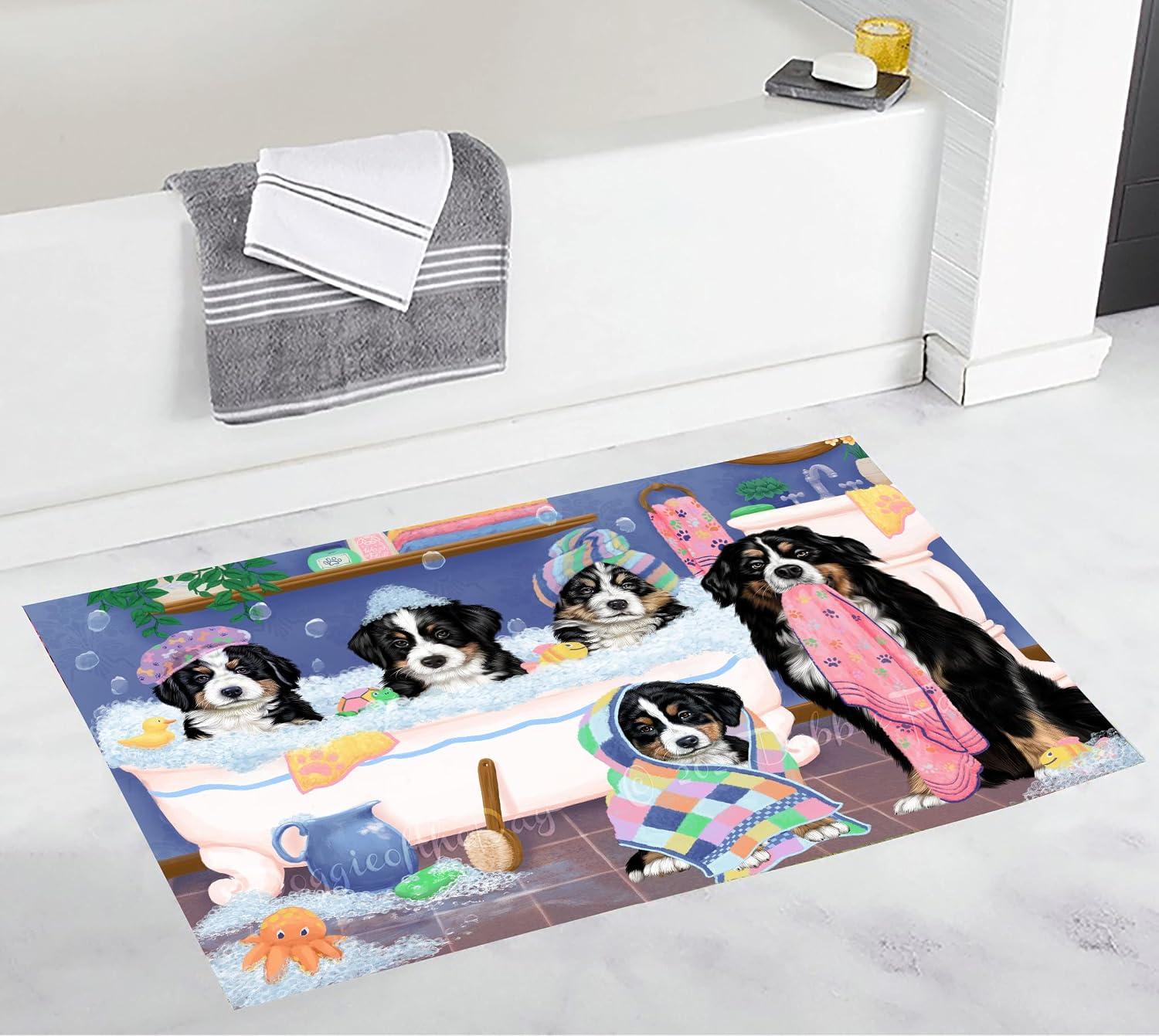 Rub A Dub Dogs In A Tub Bernese Mountain Dog Bath Mat- Anti-Slip Pet Bath Mat - Soft Absorbent Plush Bathroom Rug Mat - Pets Portrait Unique Rug - Washable Premium Quality Mat (20"x32")